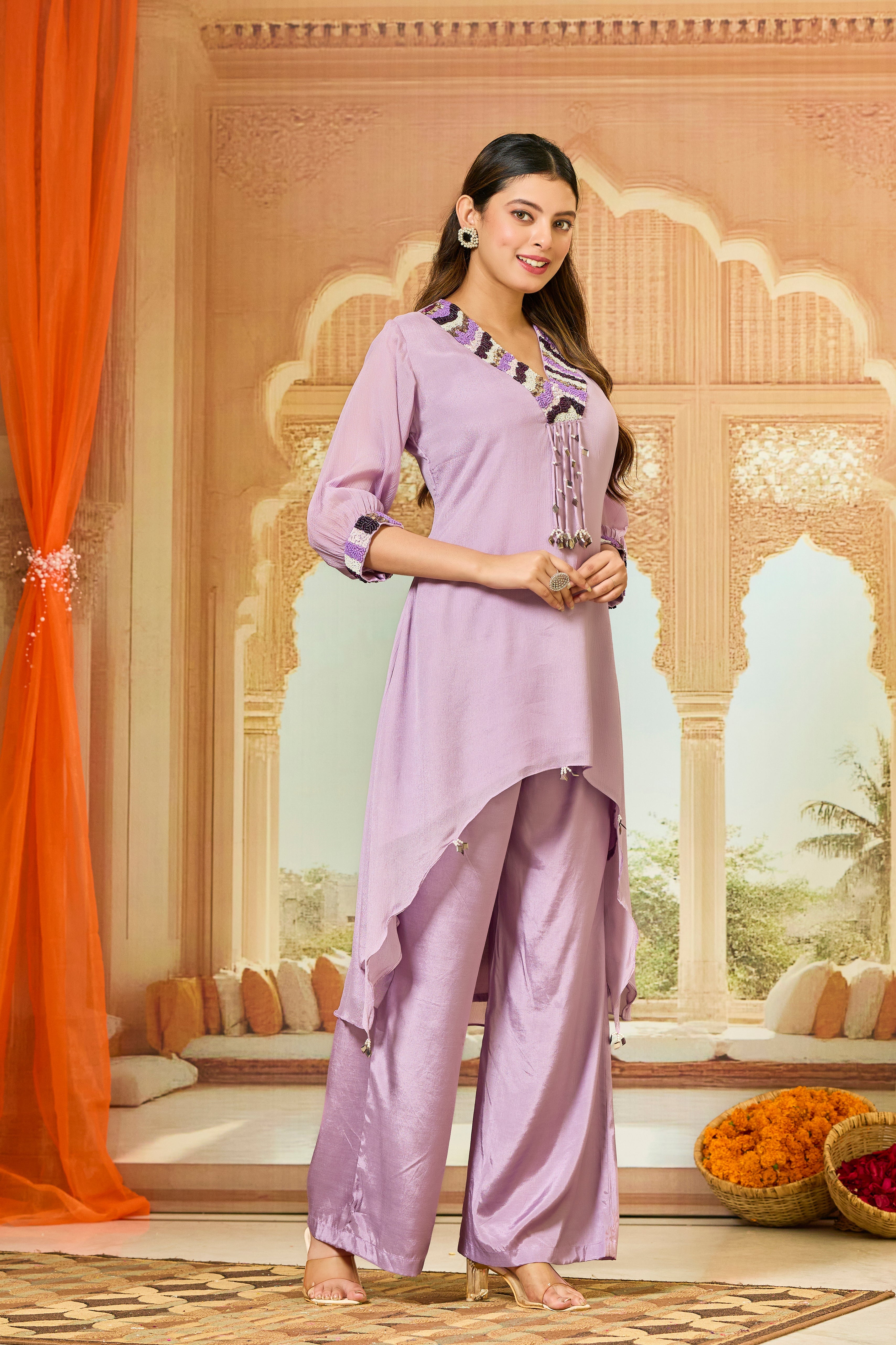 Lavender Embellished Chinon Silk Palazzo Set