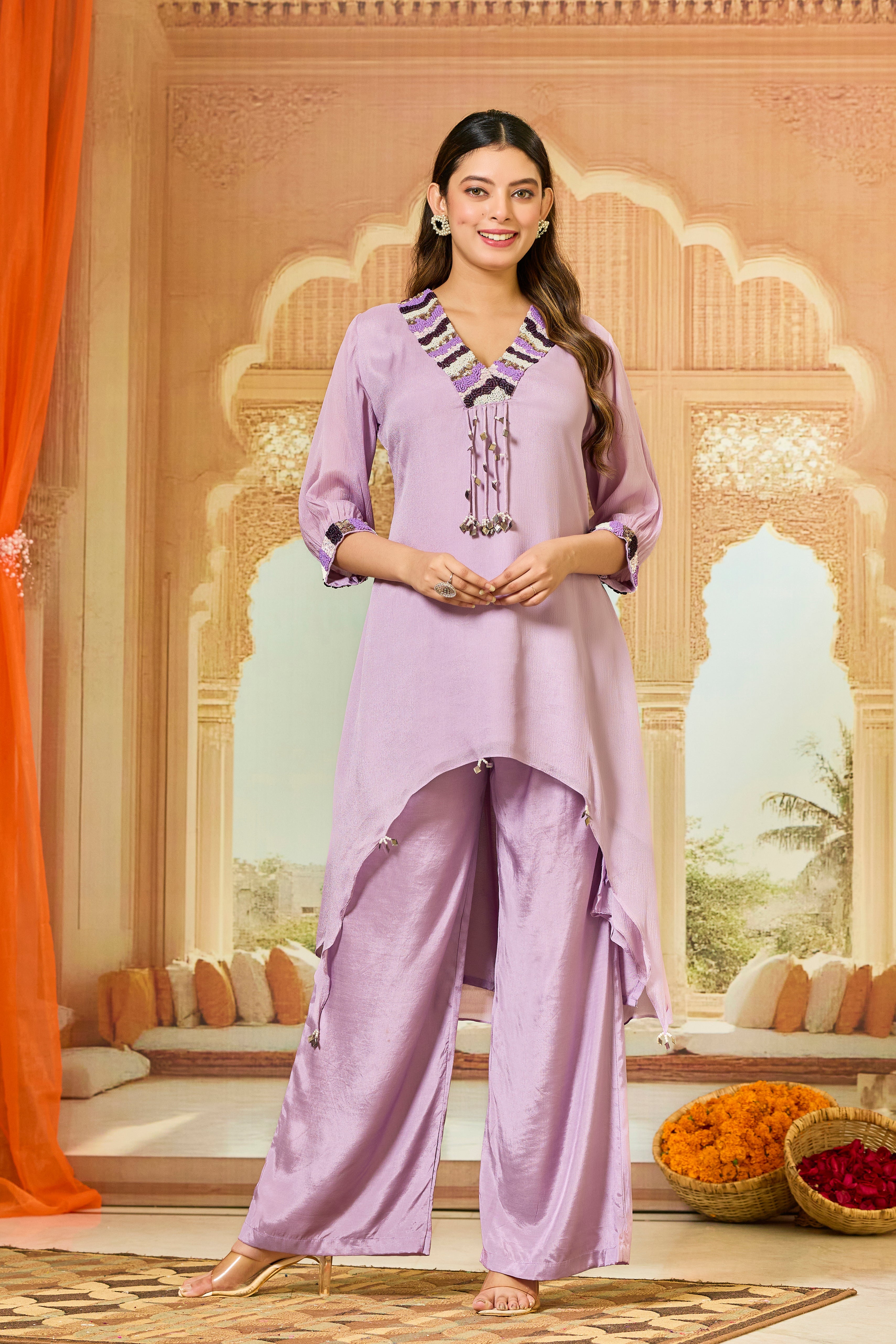 Lavender Embellished Chinon Silk Palazzo Set
