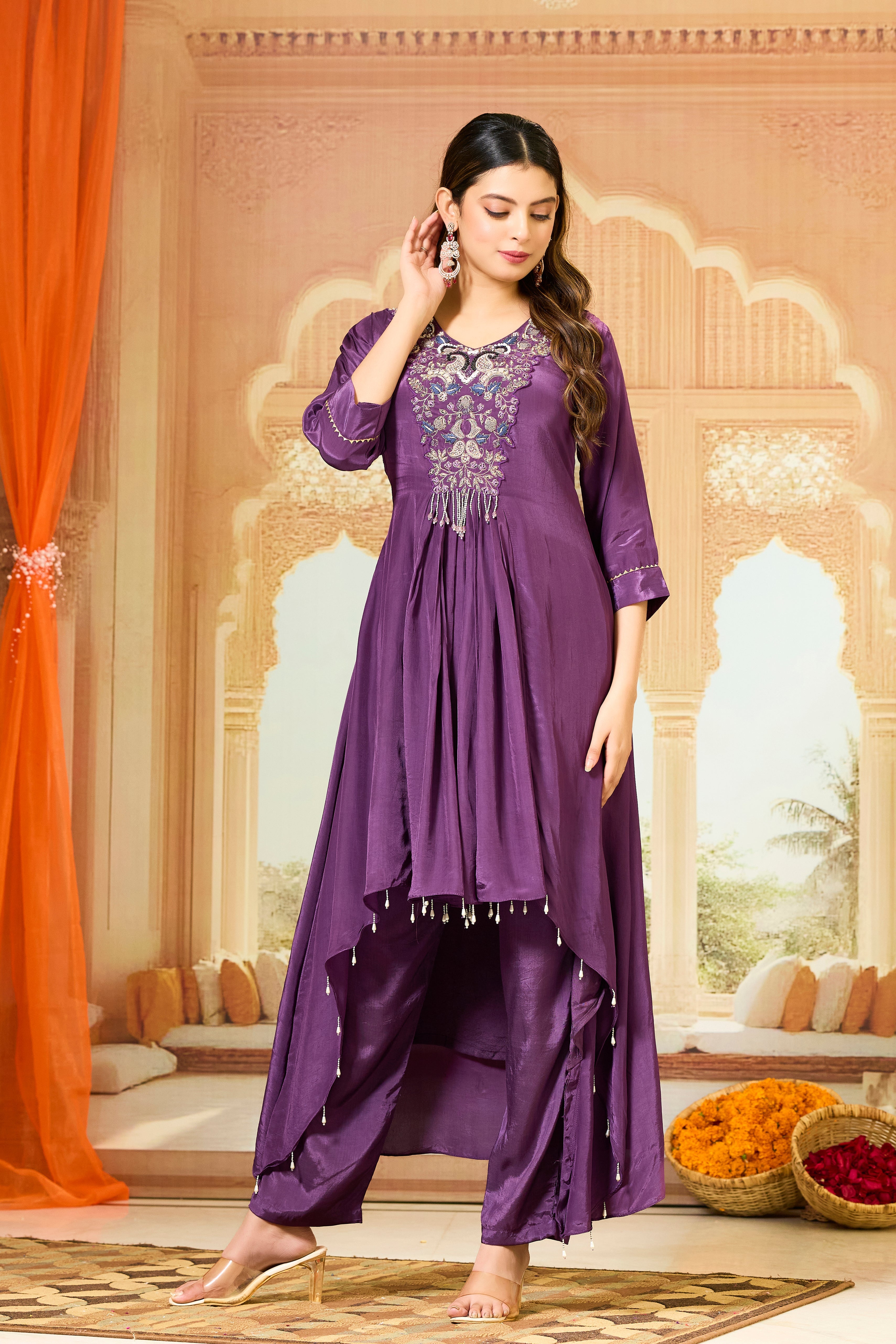 Purple Handwork Crepe Silk Kurta & Pant Set