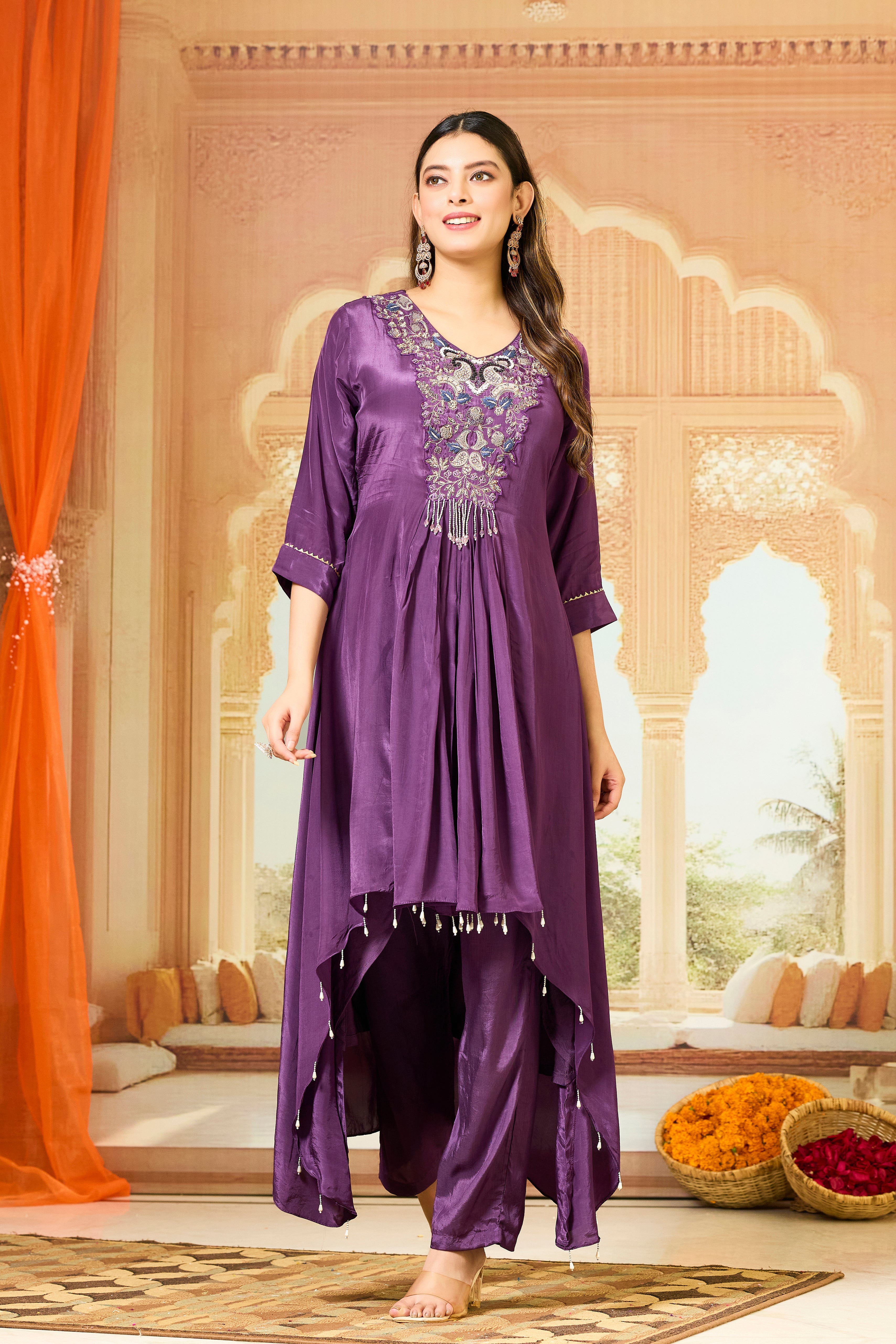 Purple Handwork Crepe Silk Kurta & Pant Set