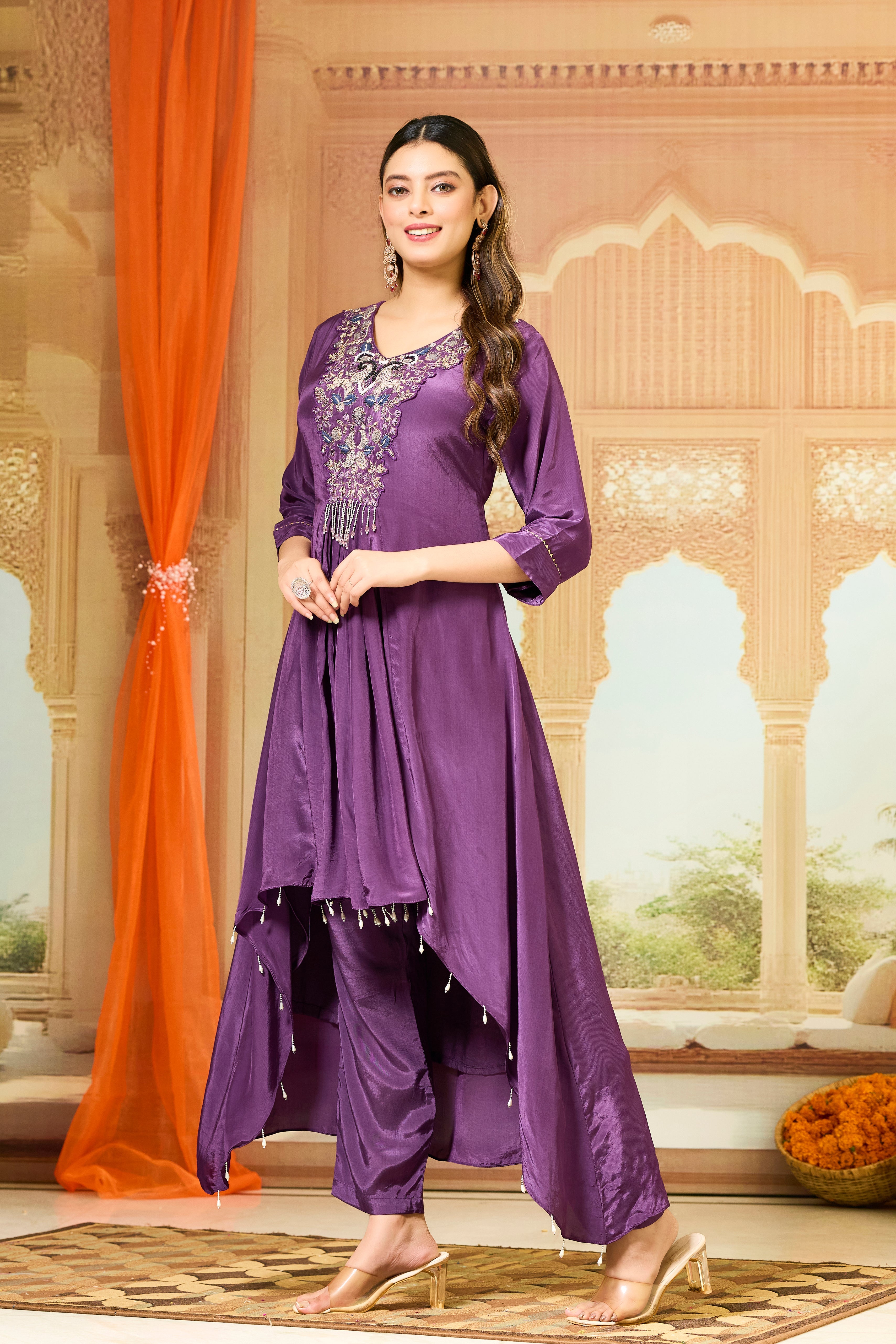 Purple Handwork Crepe Silk Kurta & Pant Set