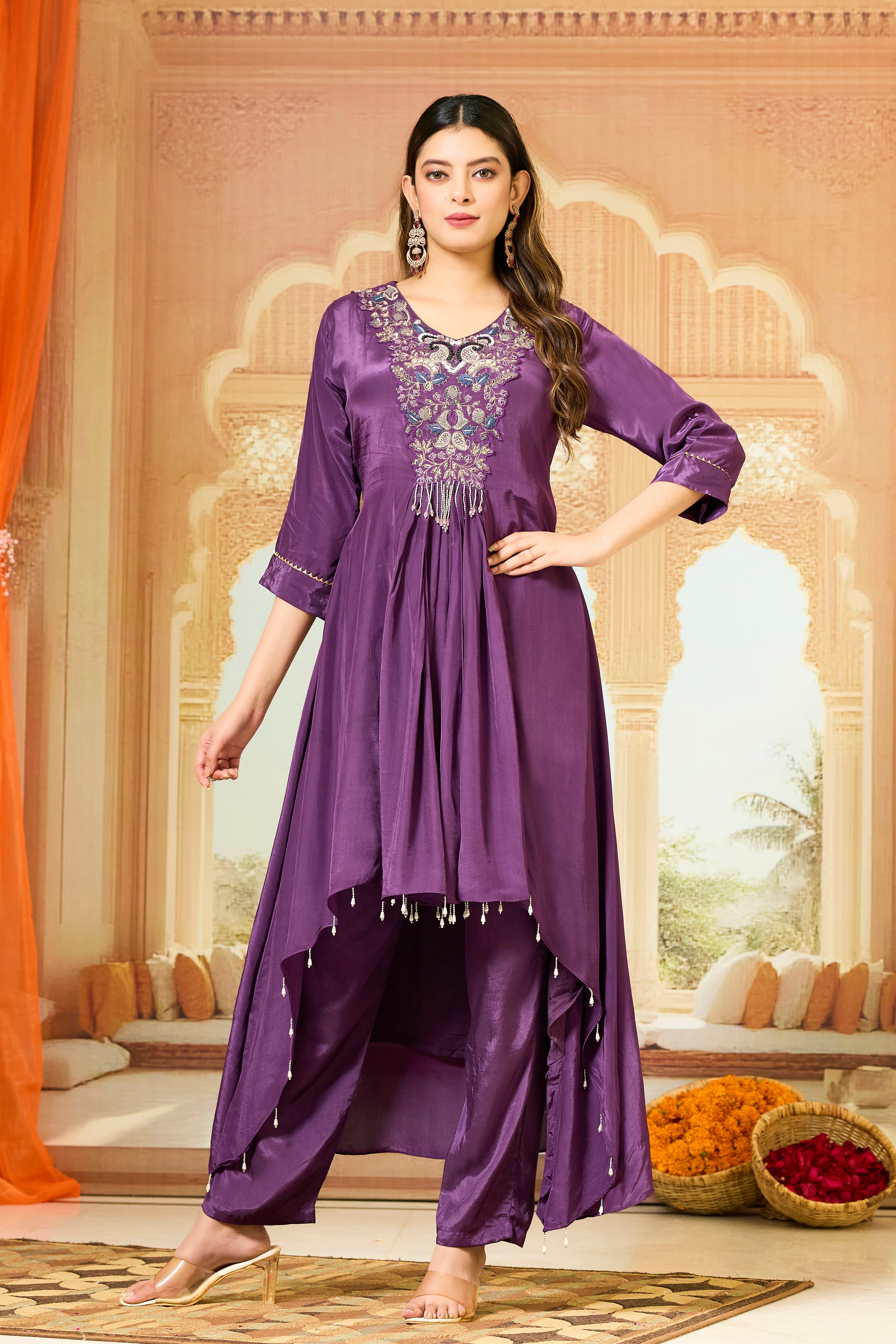 Purple Handwork Crepe Silk Kurta & Pant Set