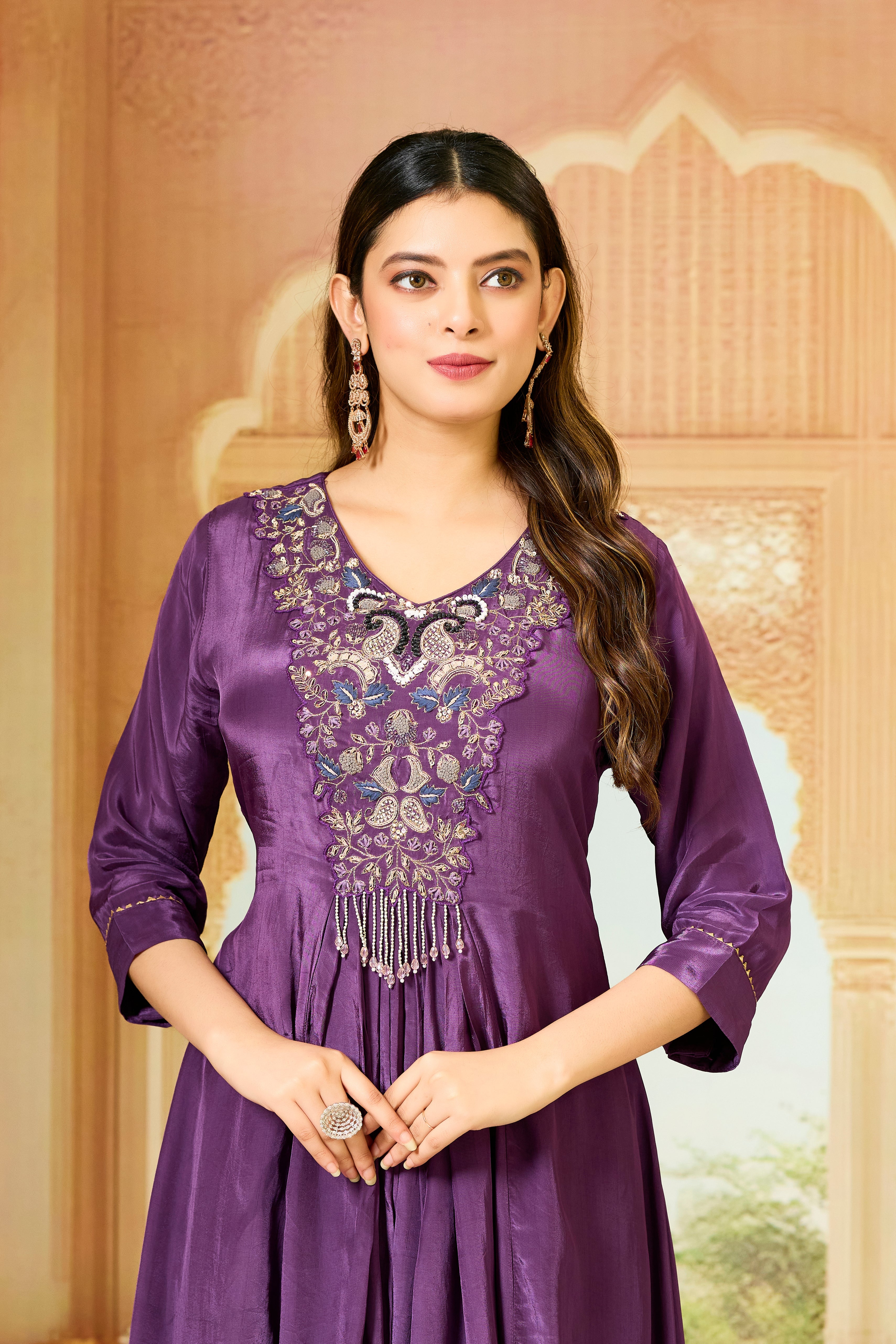 Purple Handwork Crepe Silk Kurta & Pant Set