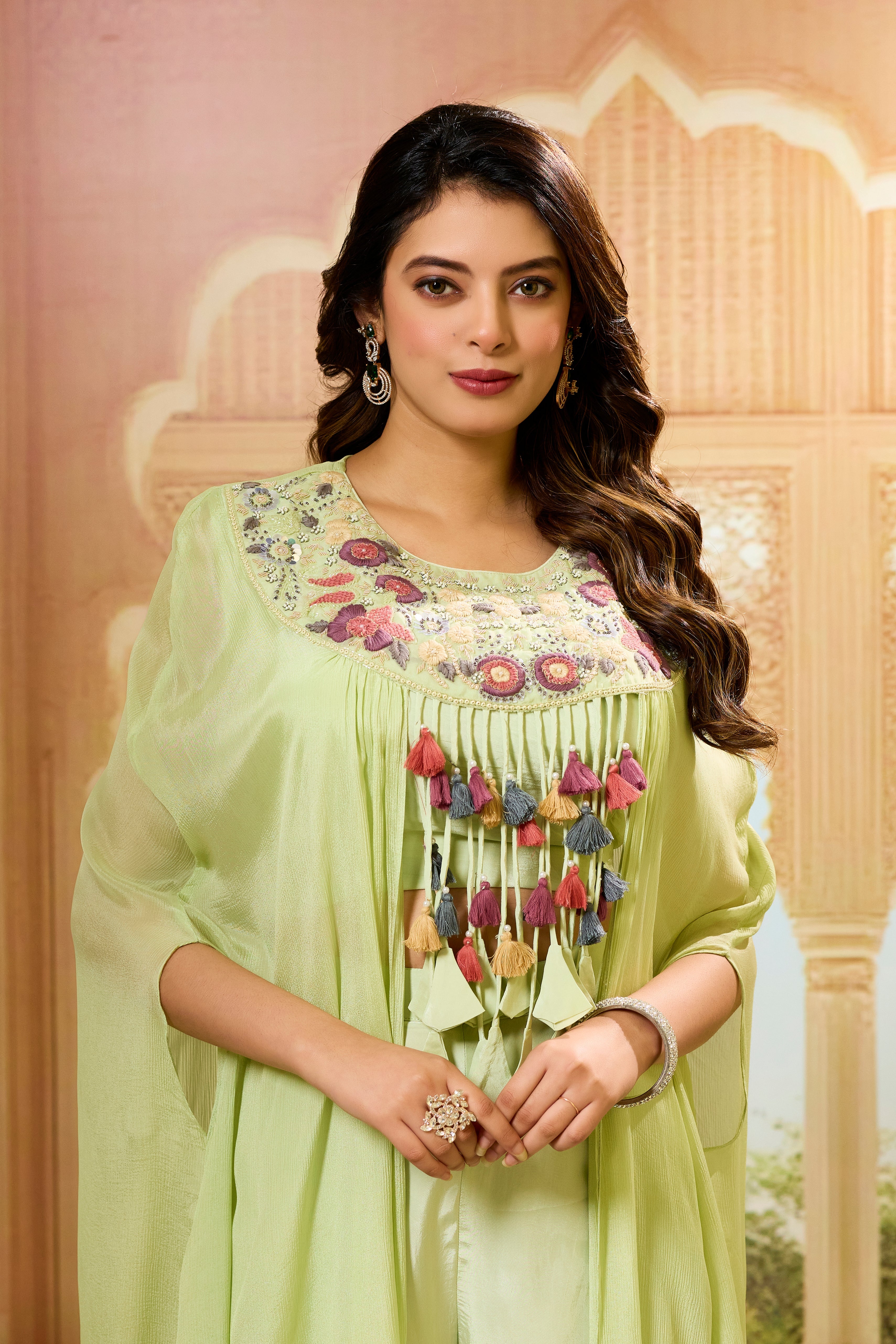 Green Handwork Chinon Silk Palazzo Set