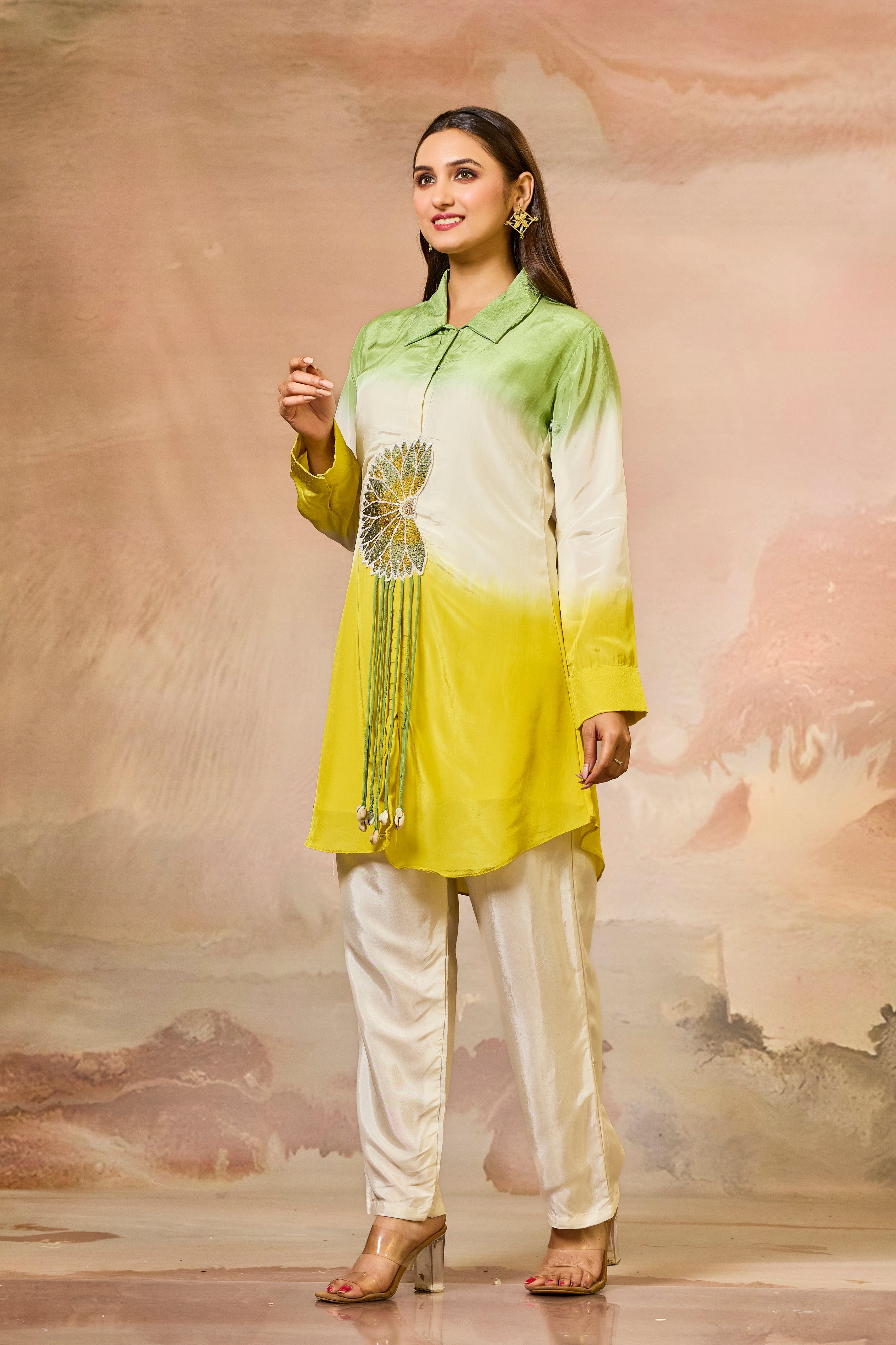 Green Tricolor Crepe Silk Co-Ord Set