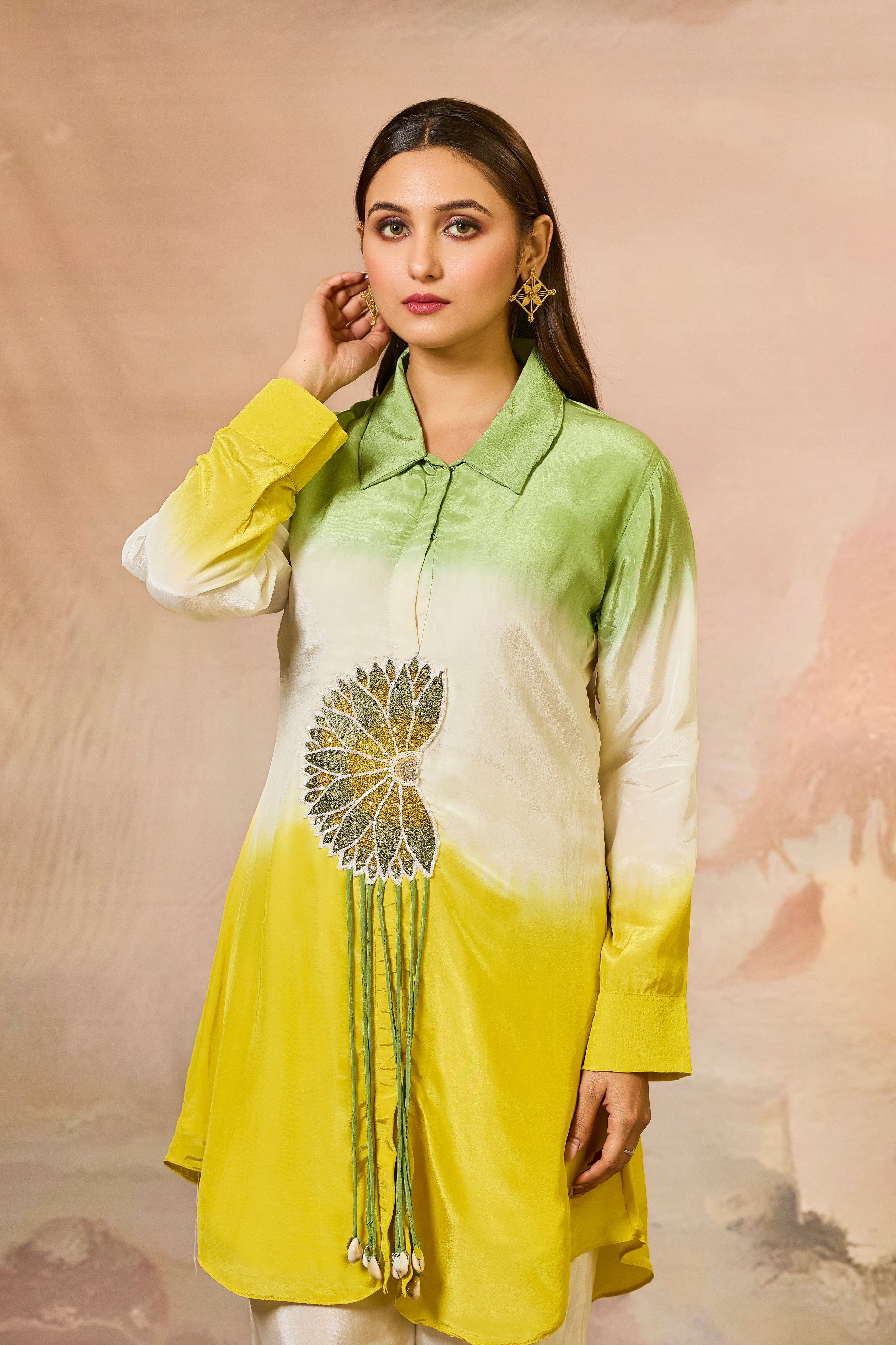 Green Tricolor Crepe Silk Co-Ord Set
