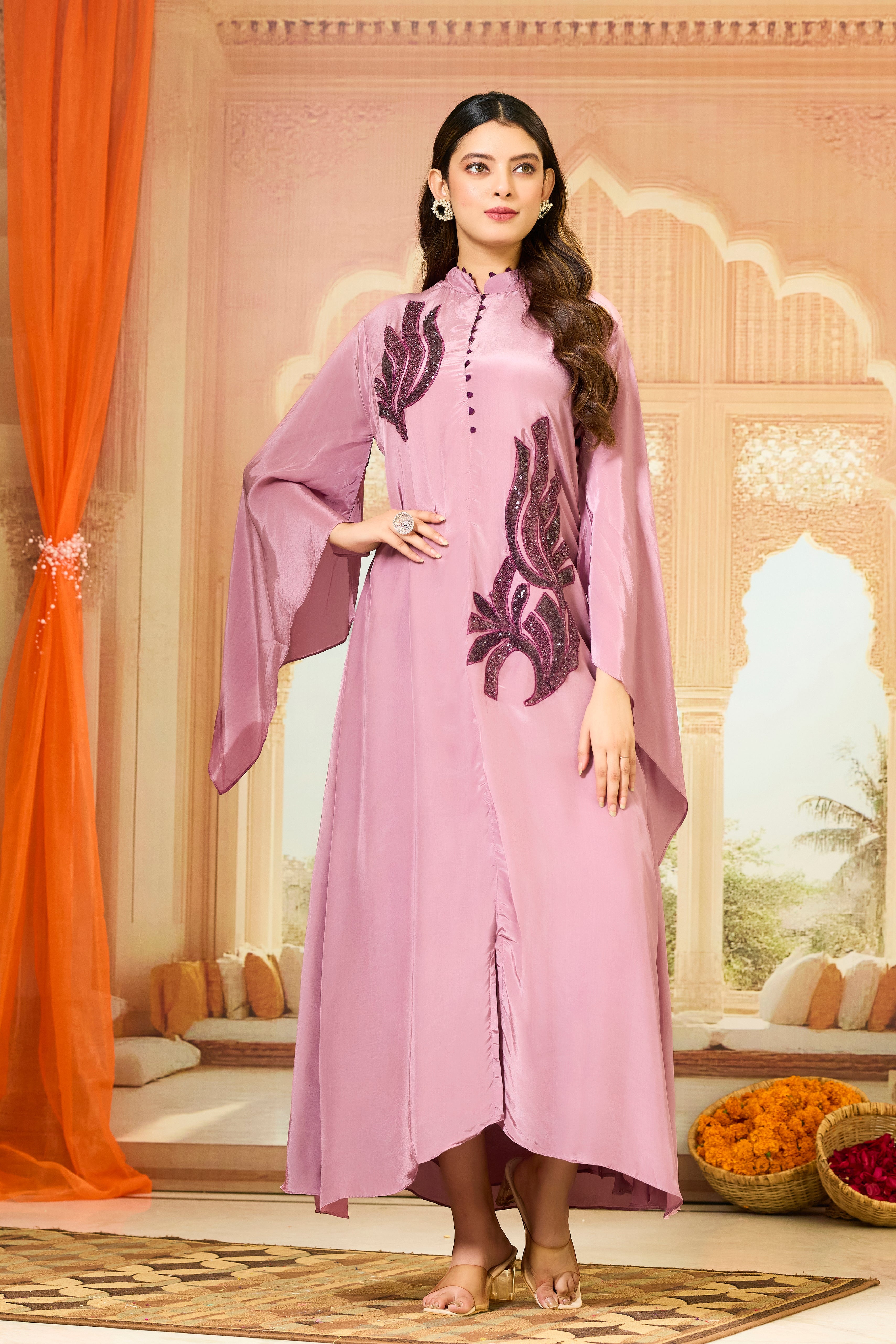 Pink Embellished Crepe Silk Dress