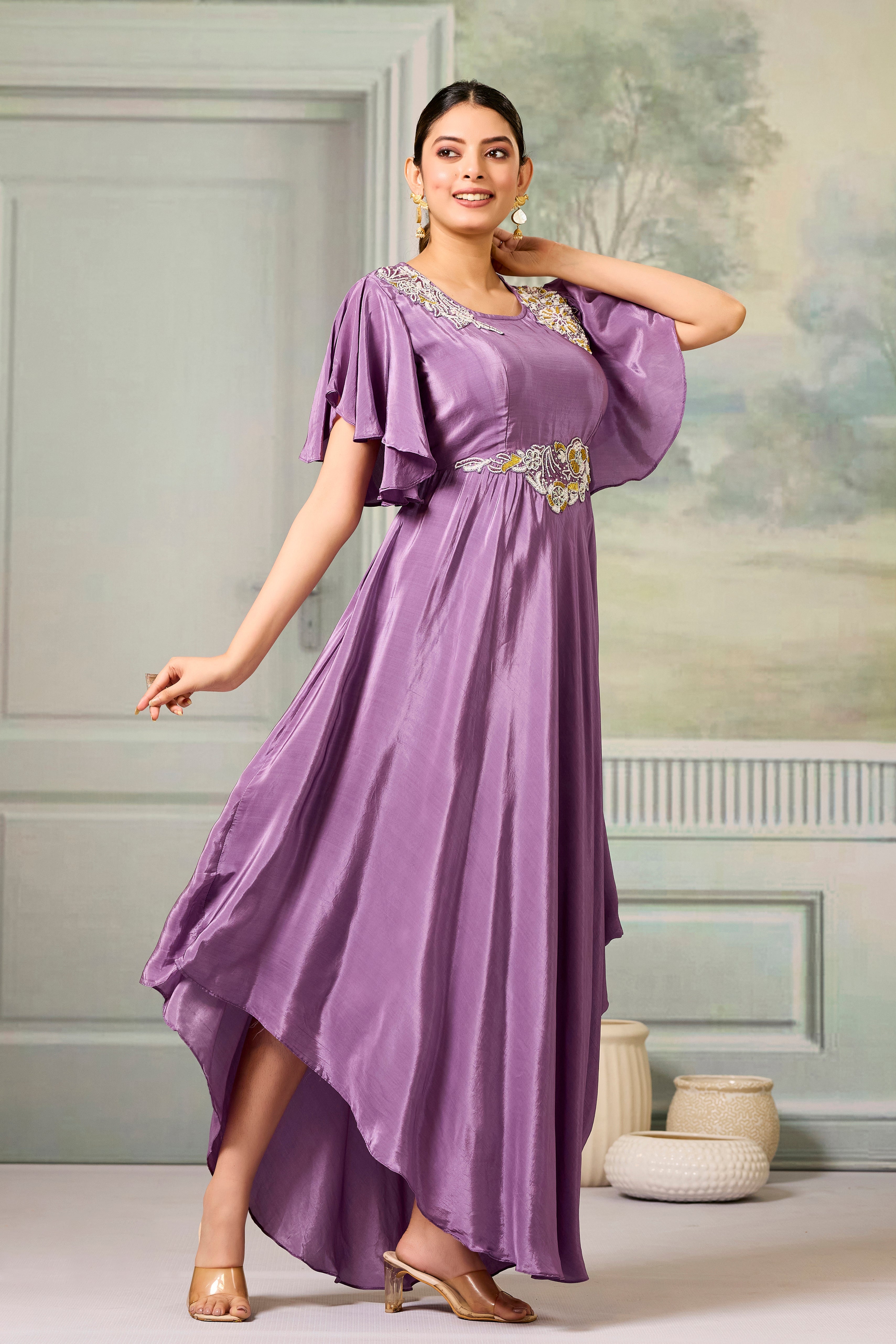 Lilac Embellished Chinon Silk Gown