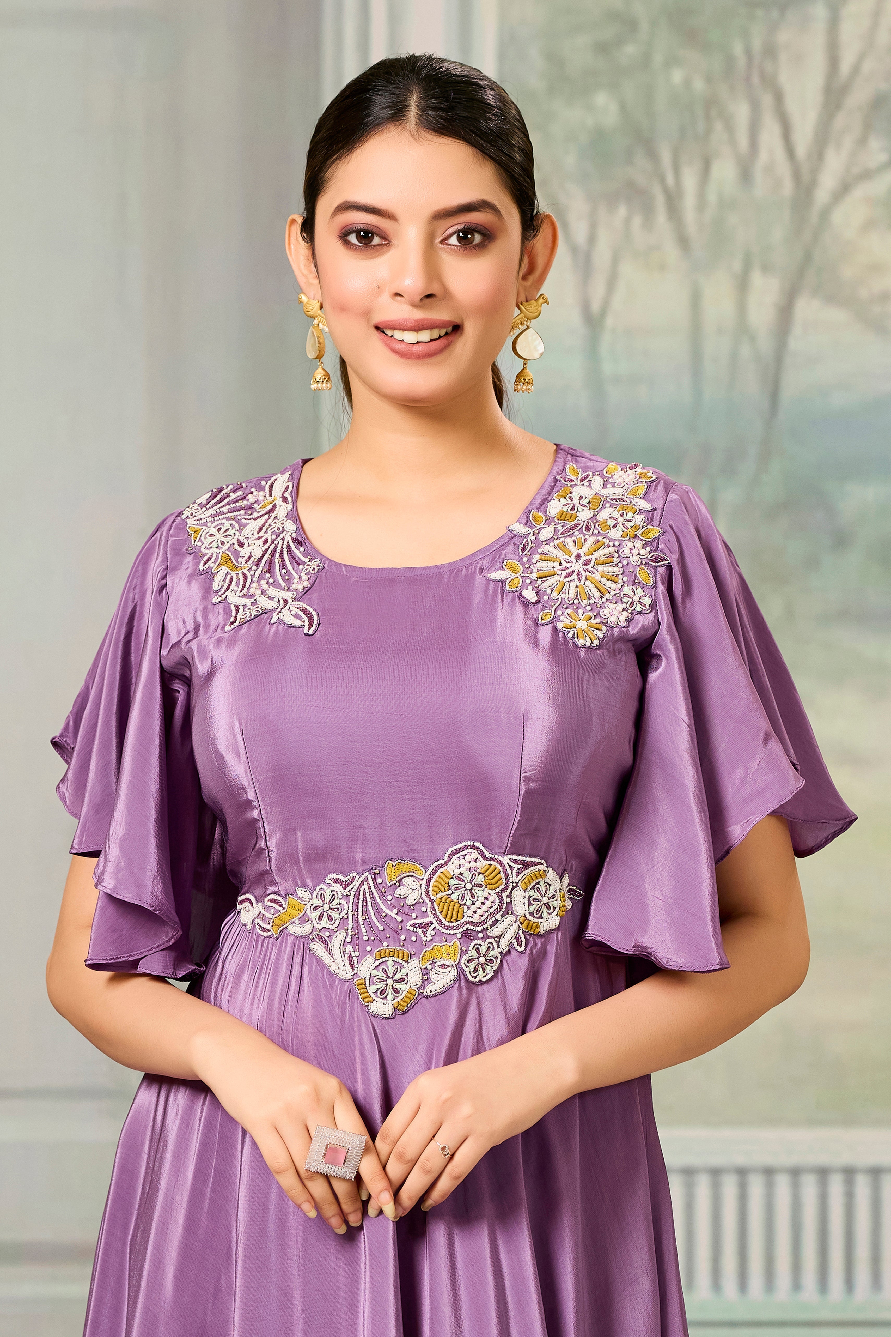 Lilac Embellished Chinon Silk Gown