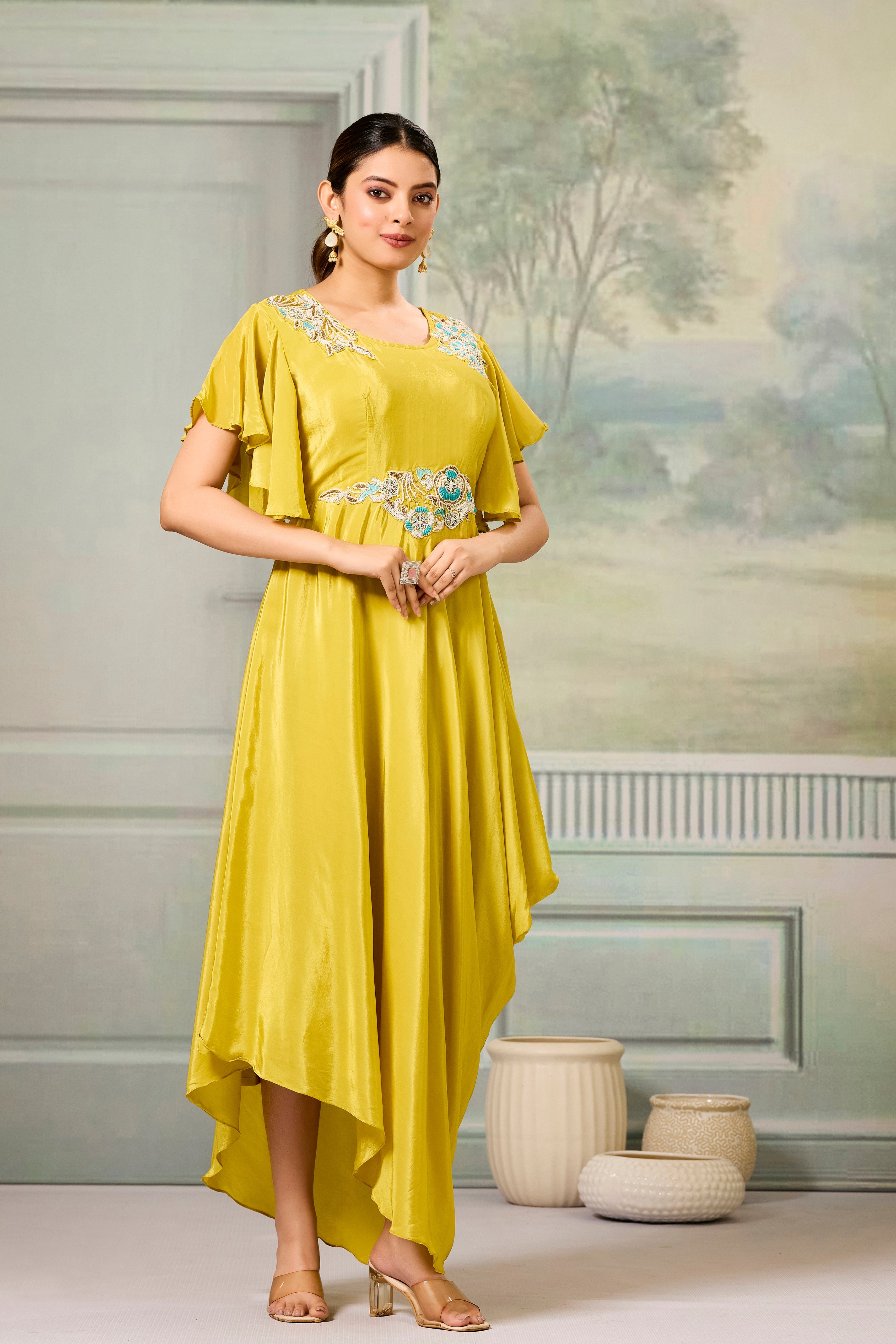 Yellow Embellished Chinon Silk Gown