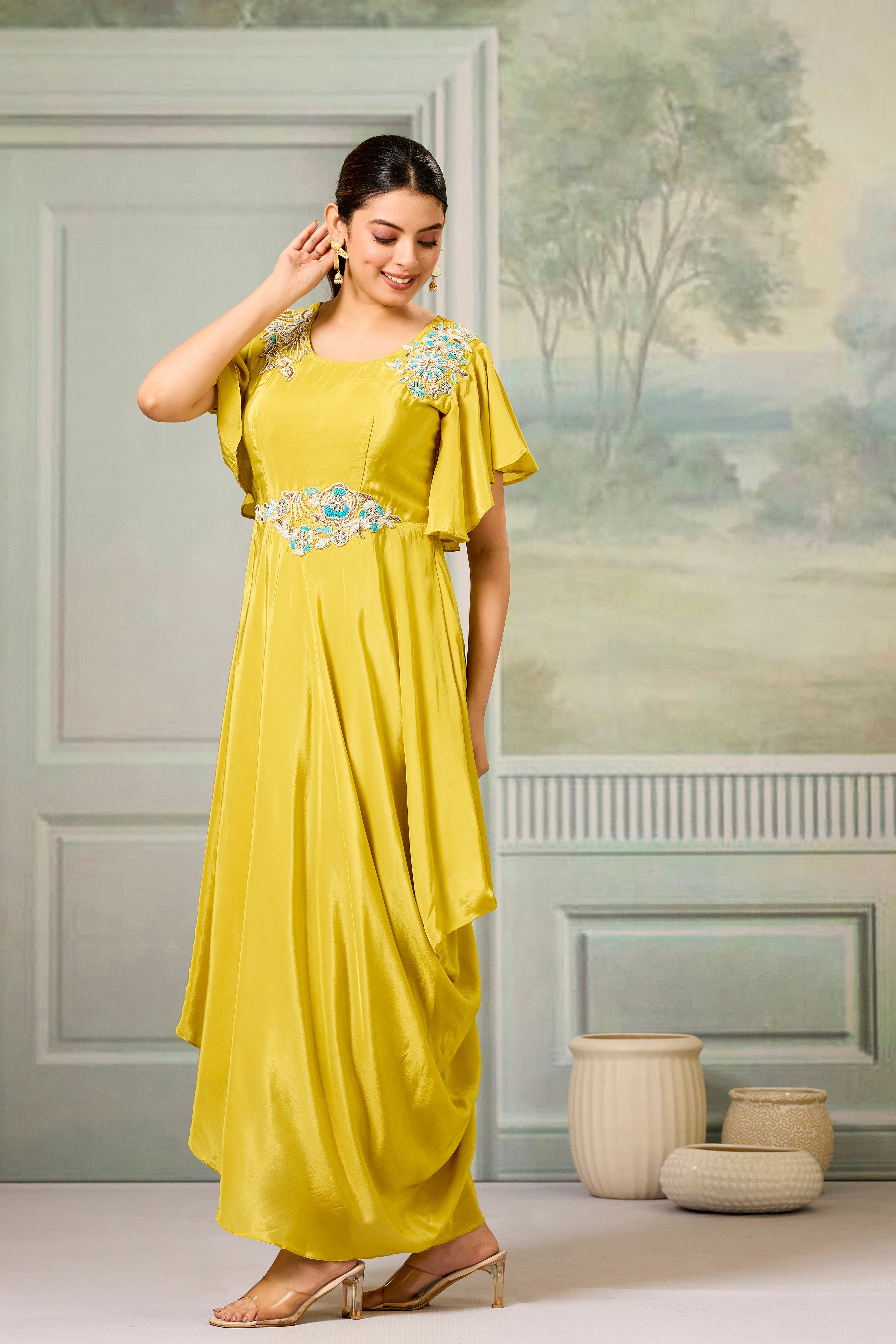 Yellow Embellished Chinon Silk Gown