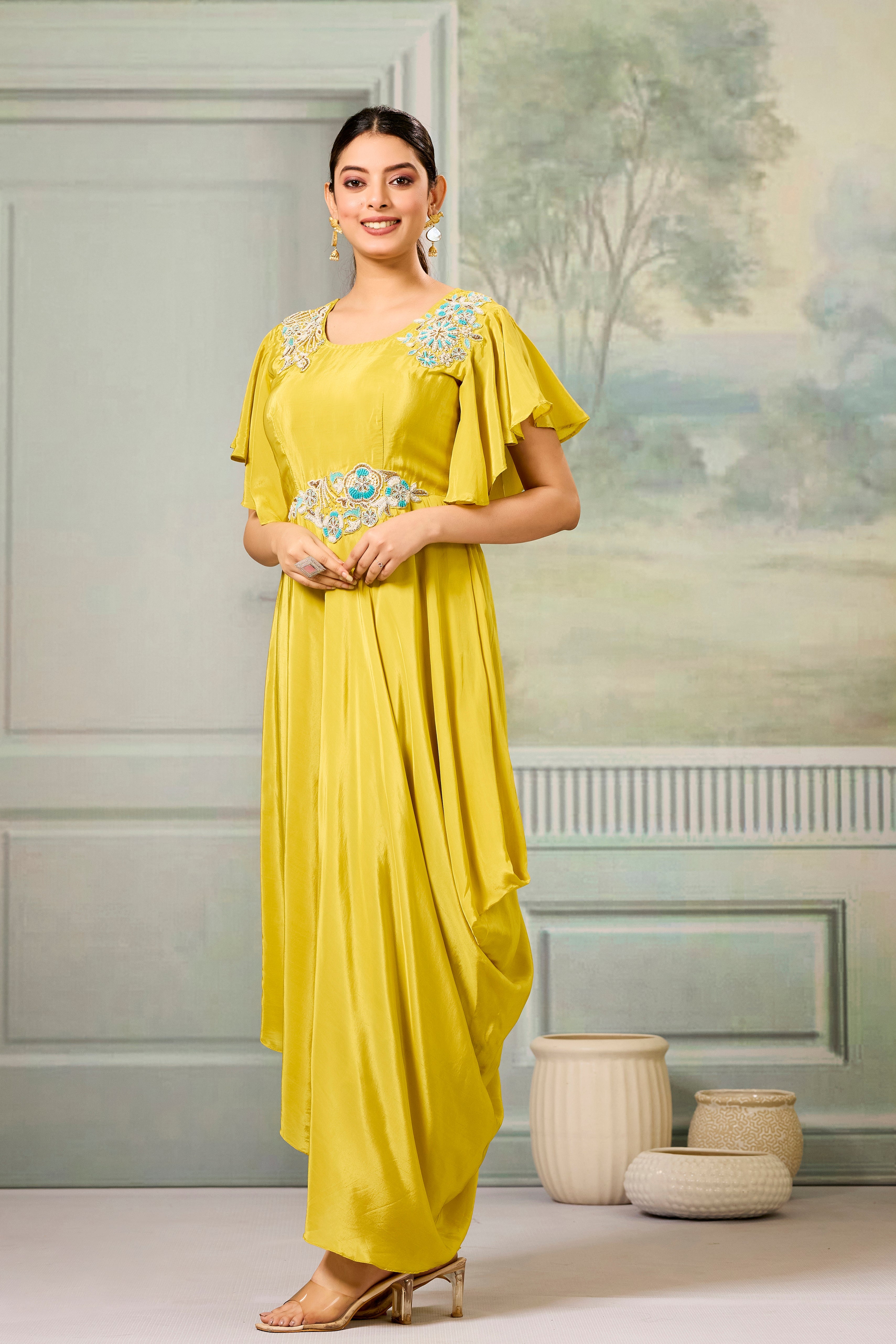 Yellow Embellished Chinon Silk Gown