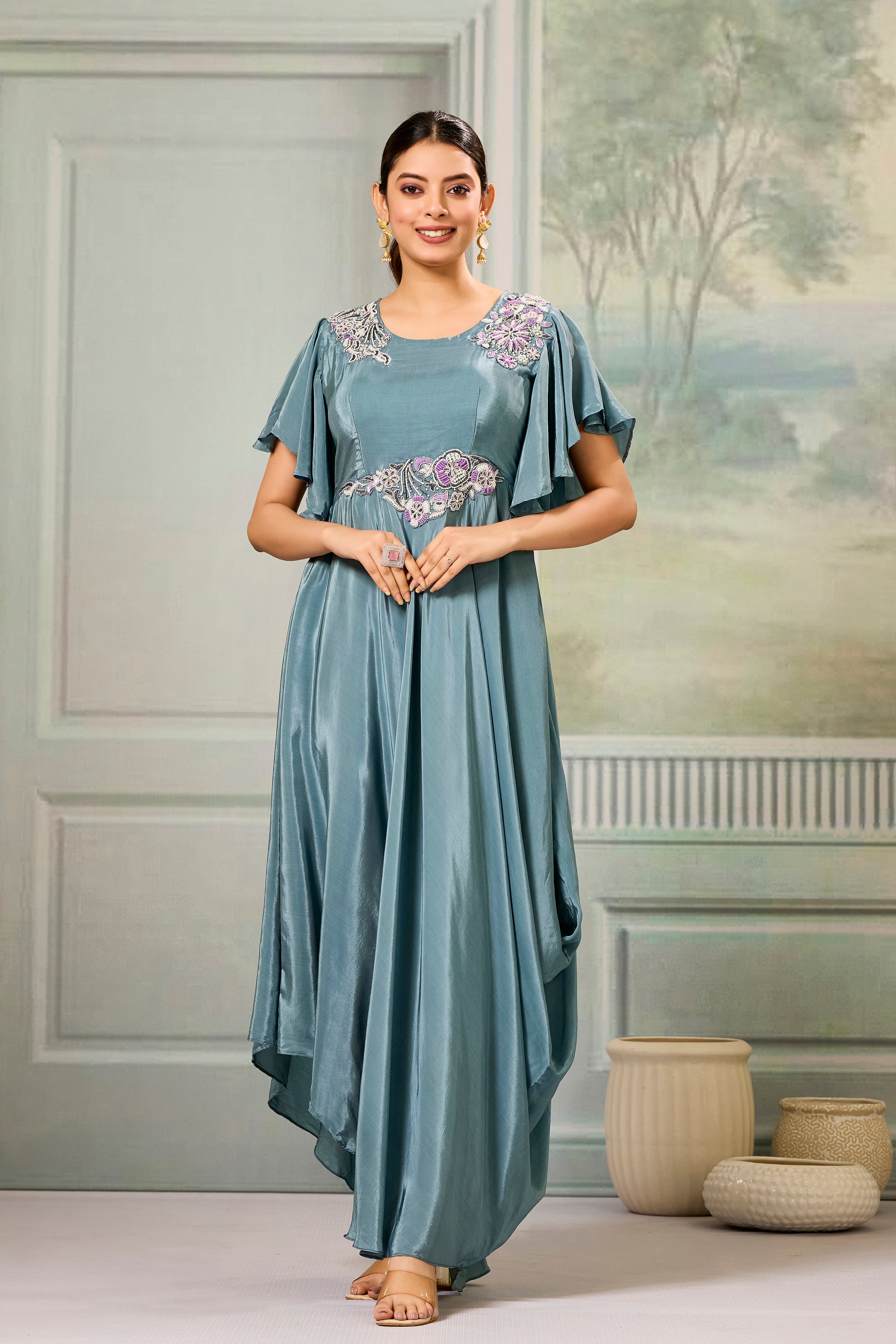 Teal Embellished Chinon Silk Gown