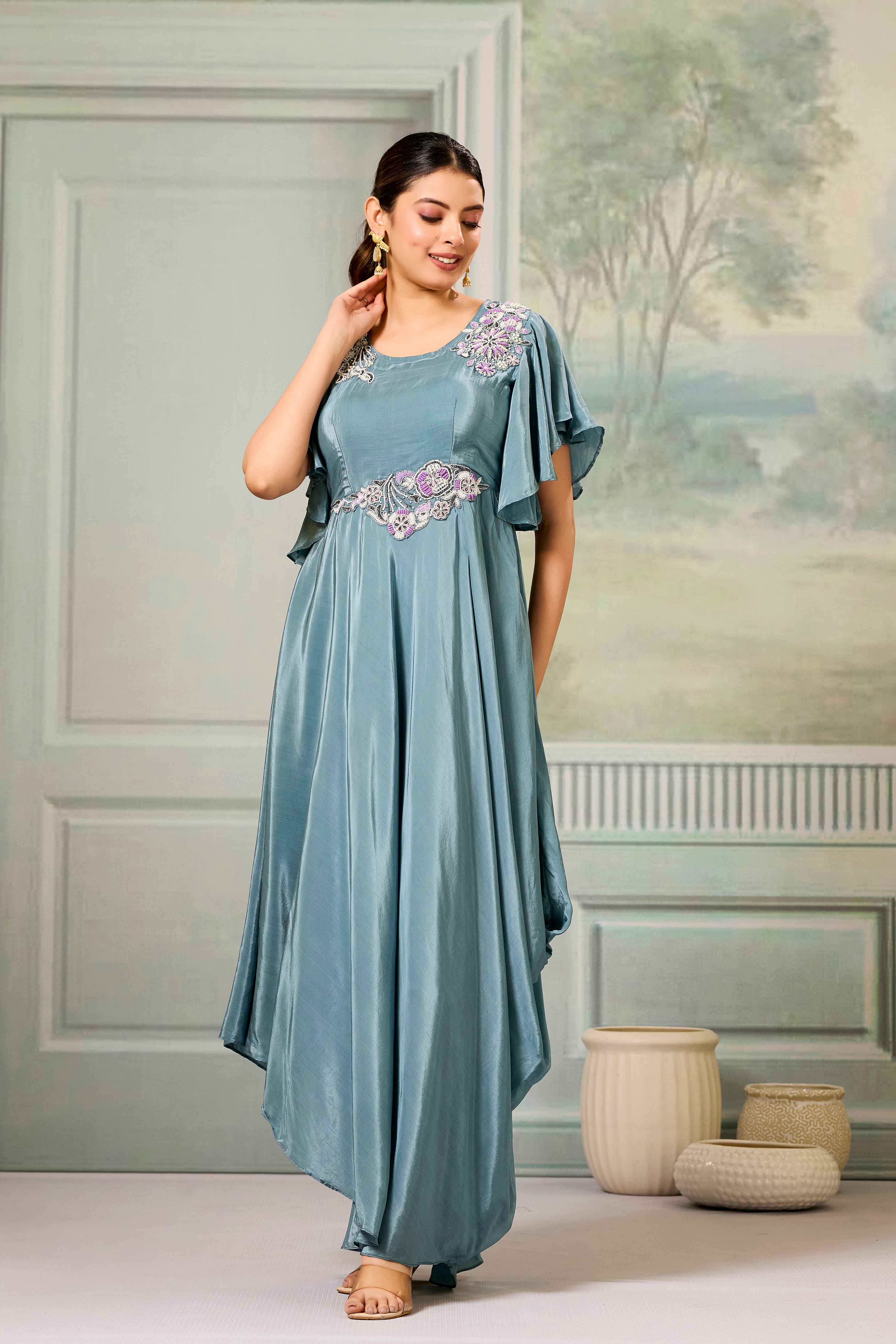 Teal Embellished Chinon Silk Gown
