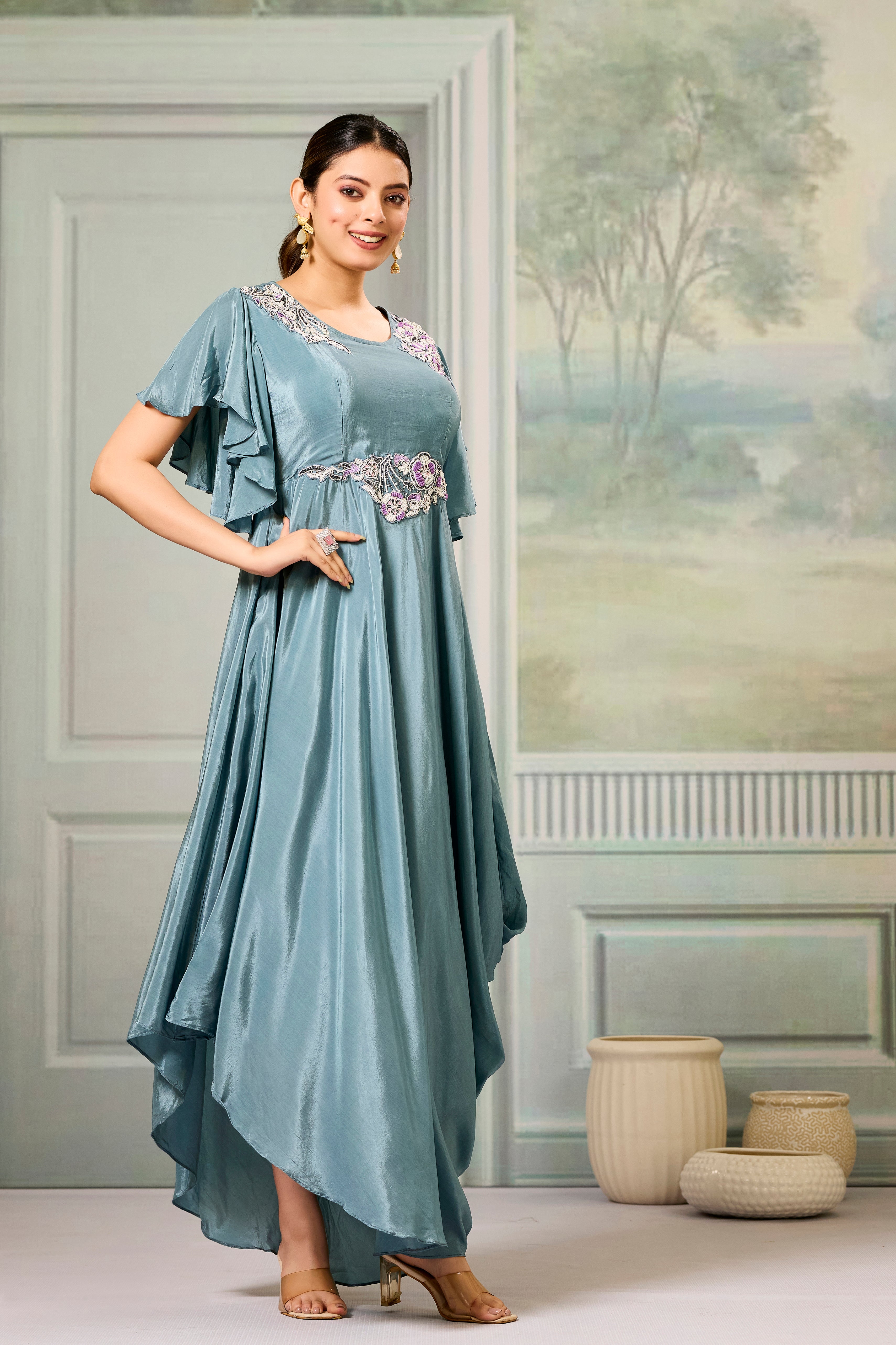 Teal Embellished Chinon Silk Gown