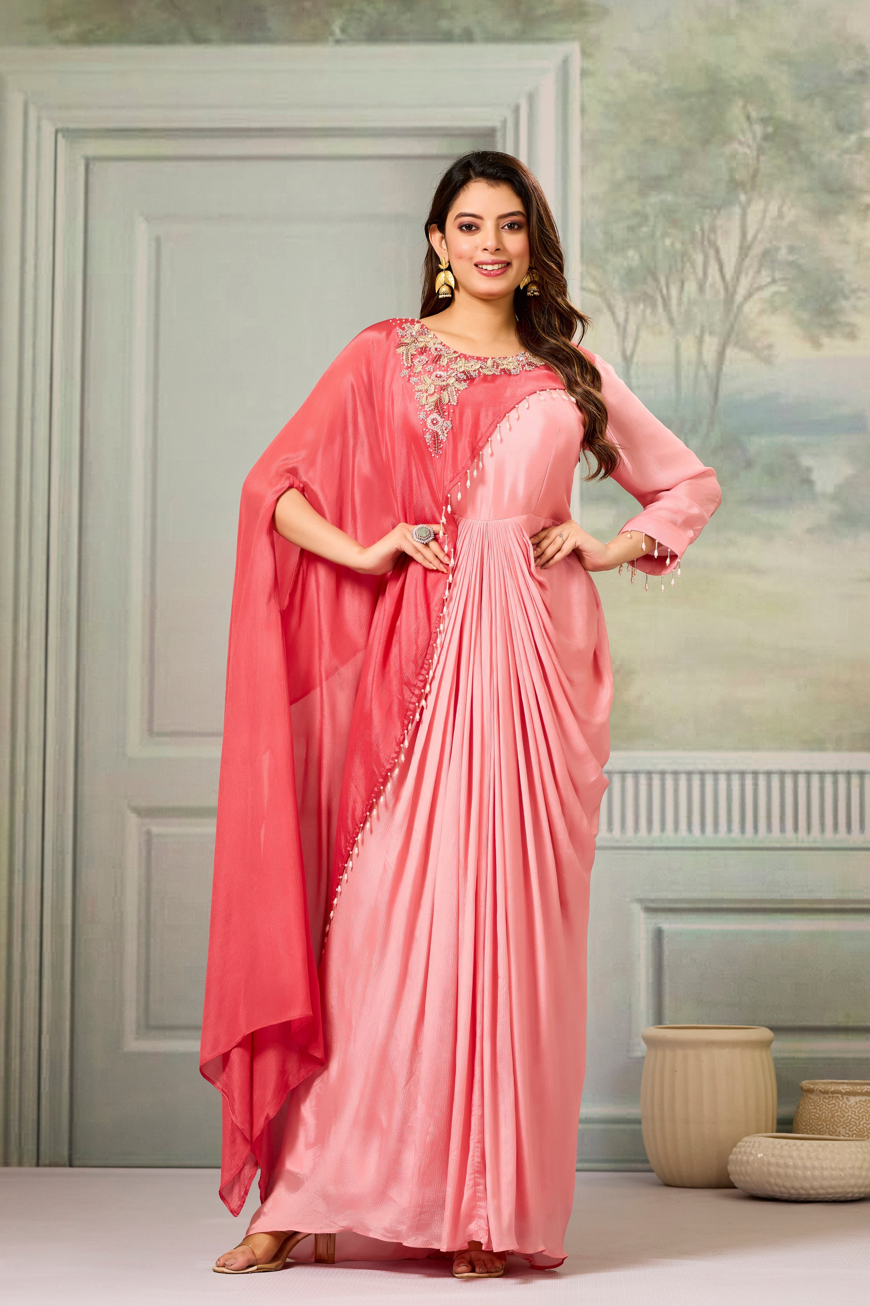 Dark-Light Peach Embellished Chinon Silk Gown