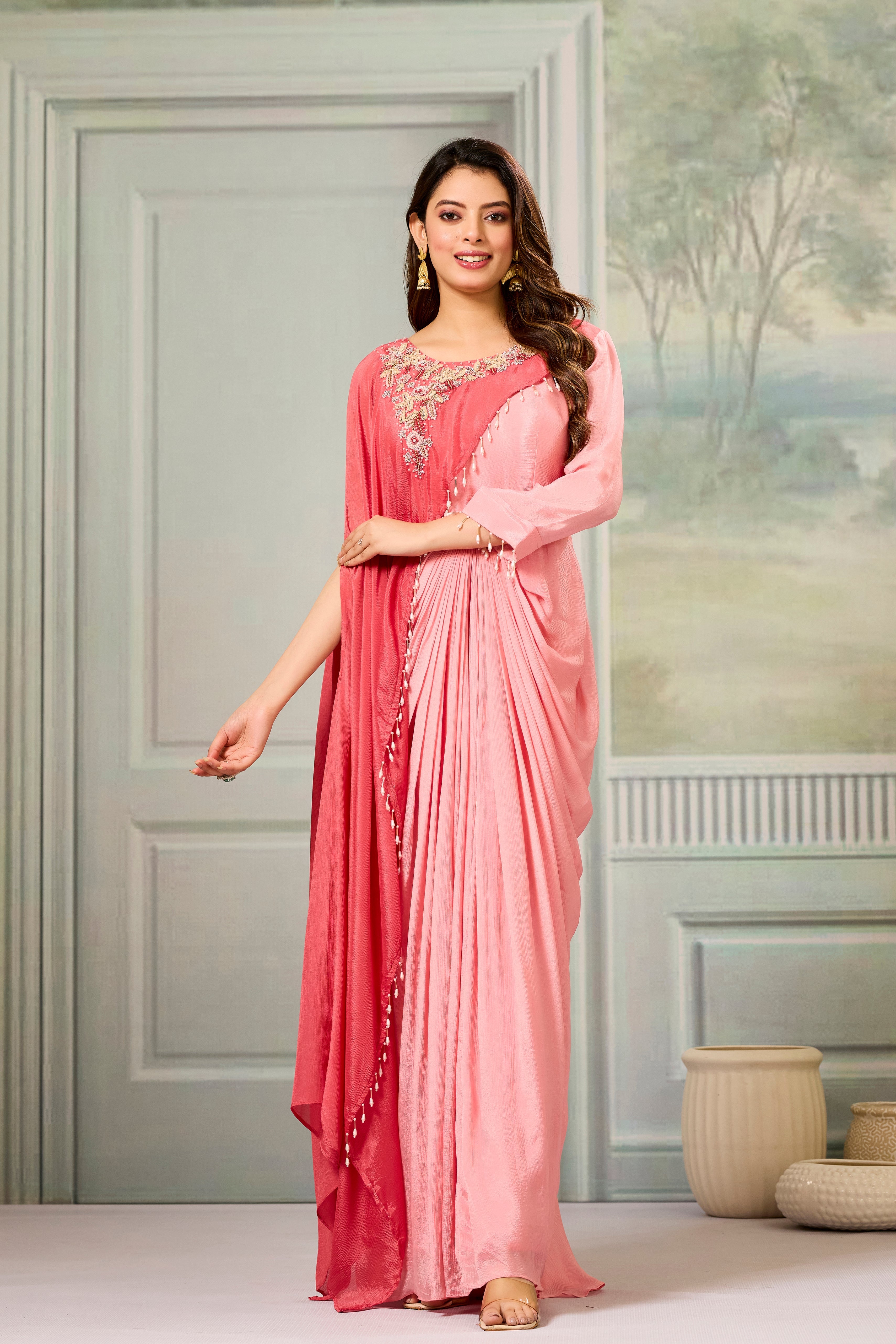 Dark-Light Peach Embellished Chinon Silk Gown