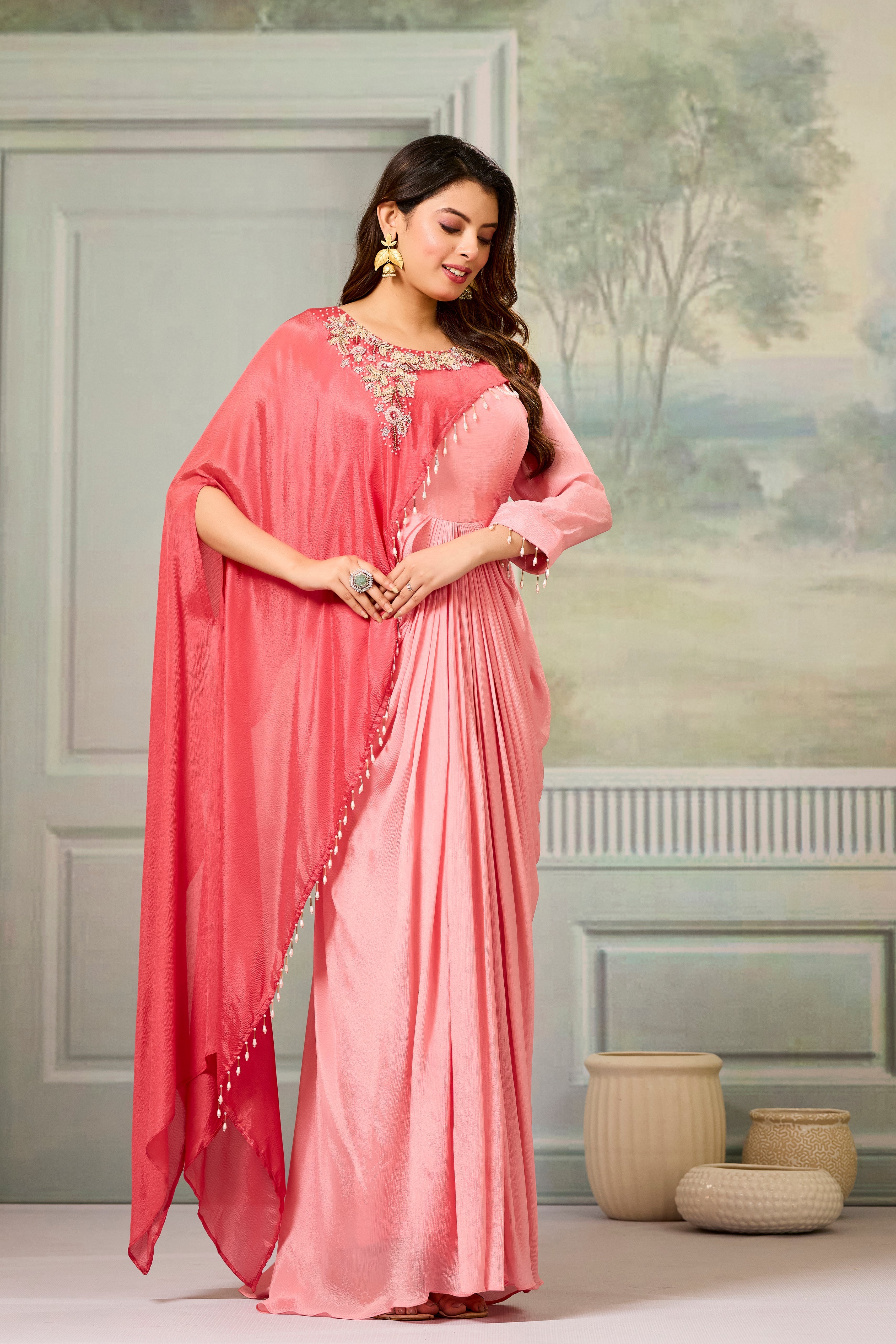 Dark-Light Peach Embellished Chinon Silk Gown