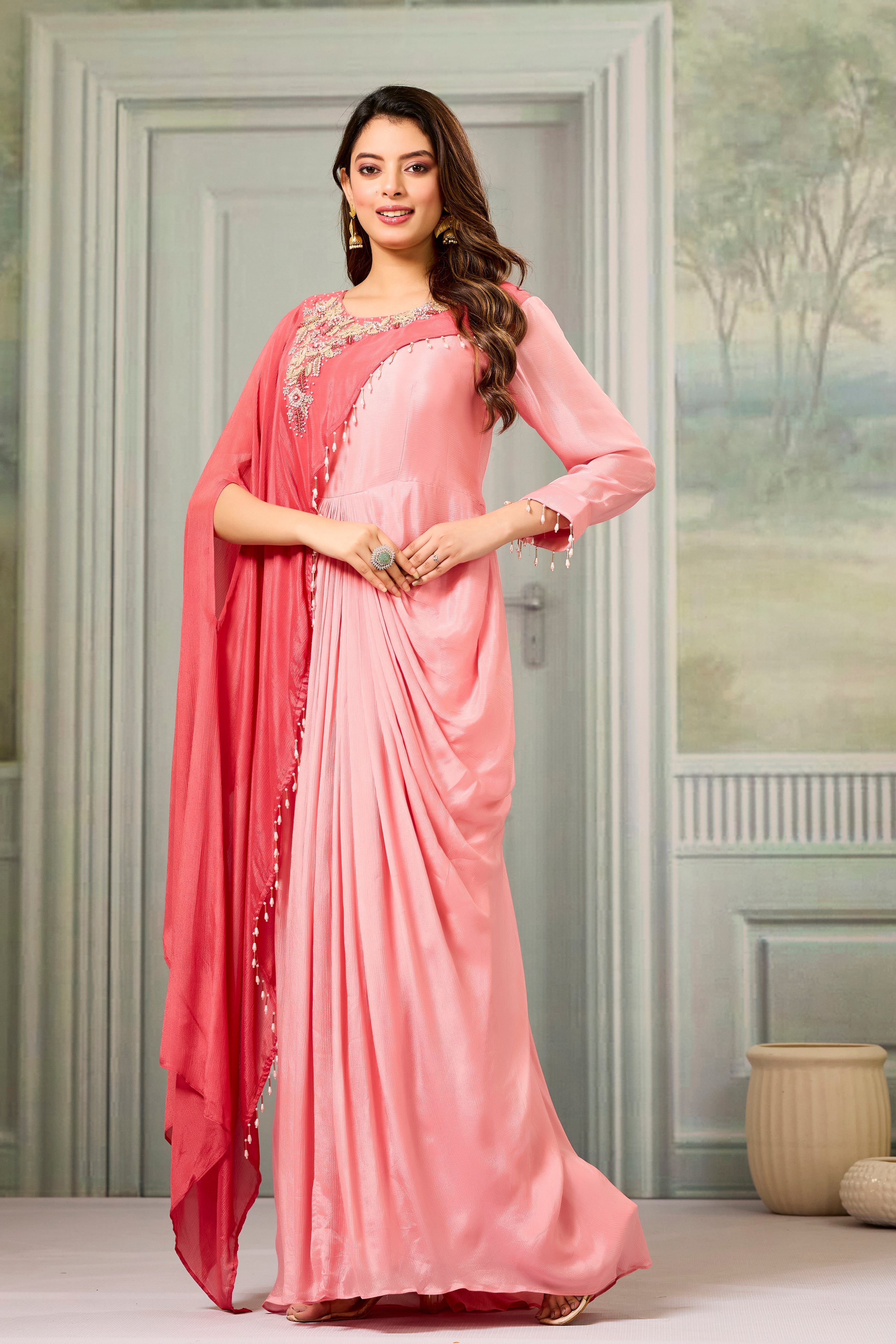 Dark-Light Peach Embellished Chinon Silk Gown