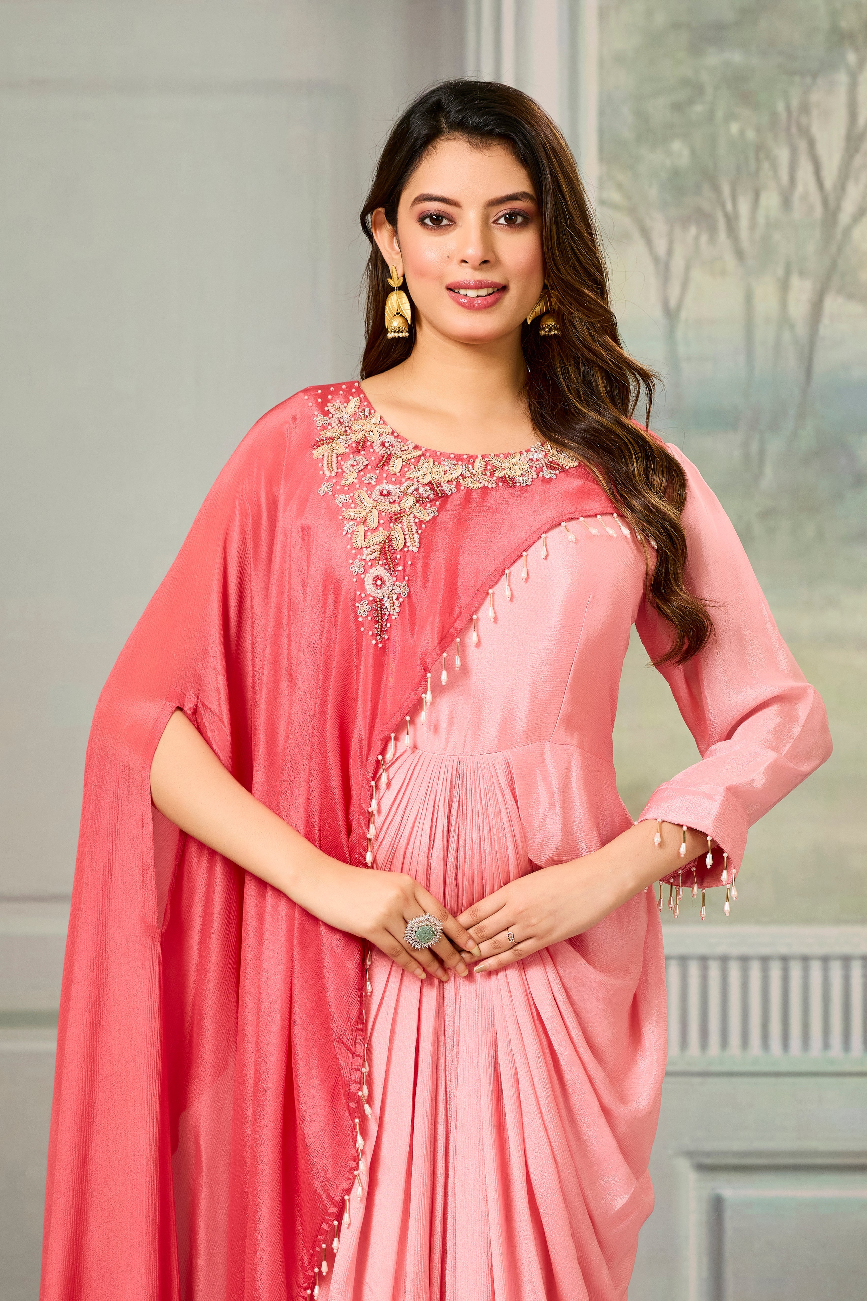 Dark-Light Peach Embellished Chinon Silk Gown