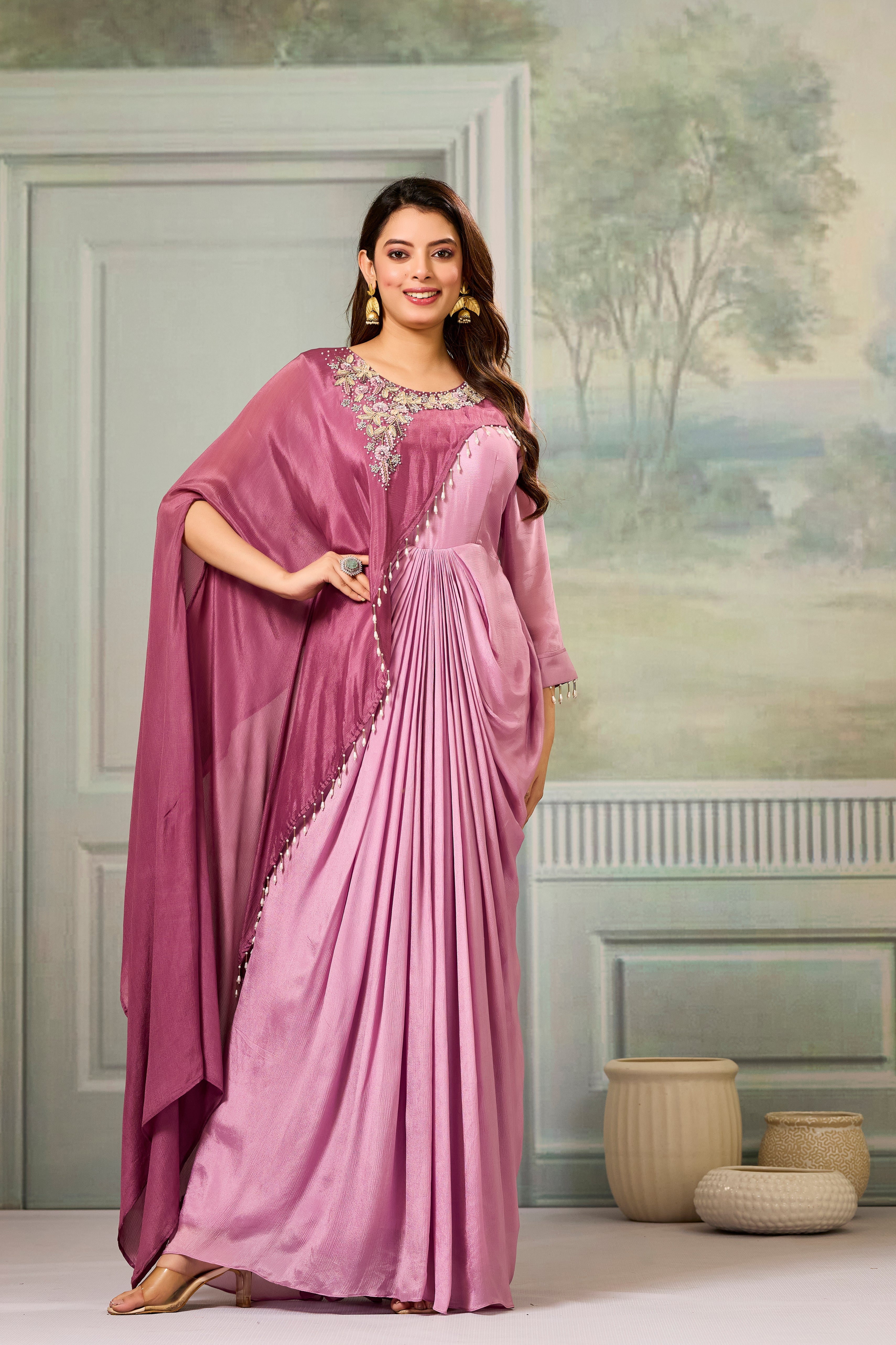 Dark-Light Mauve Embellished Chinon Silk Gown