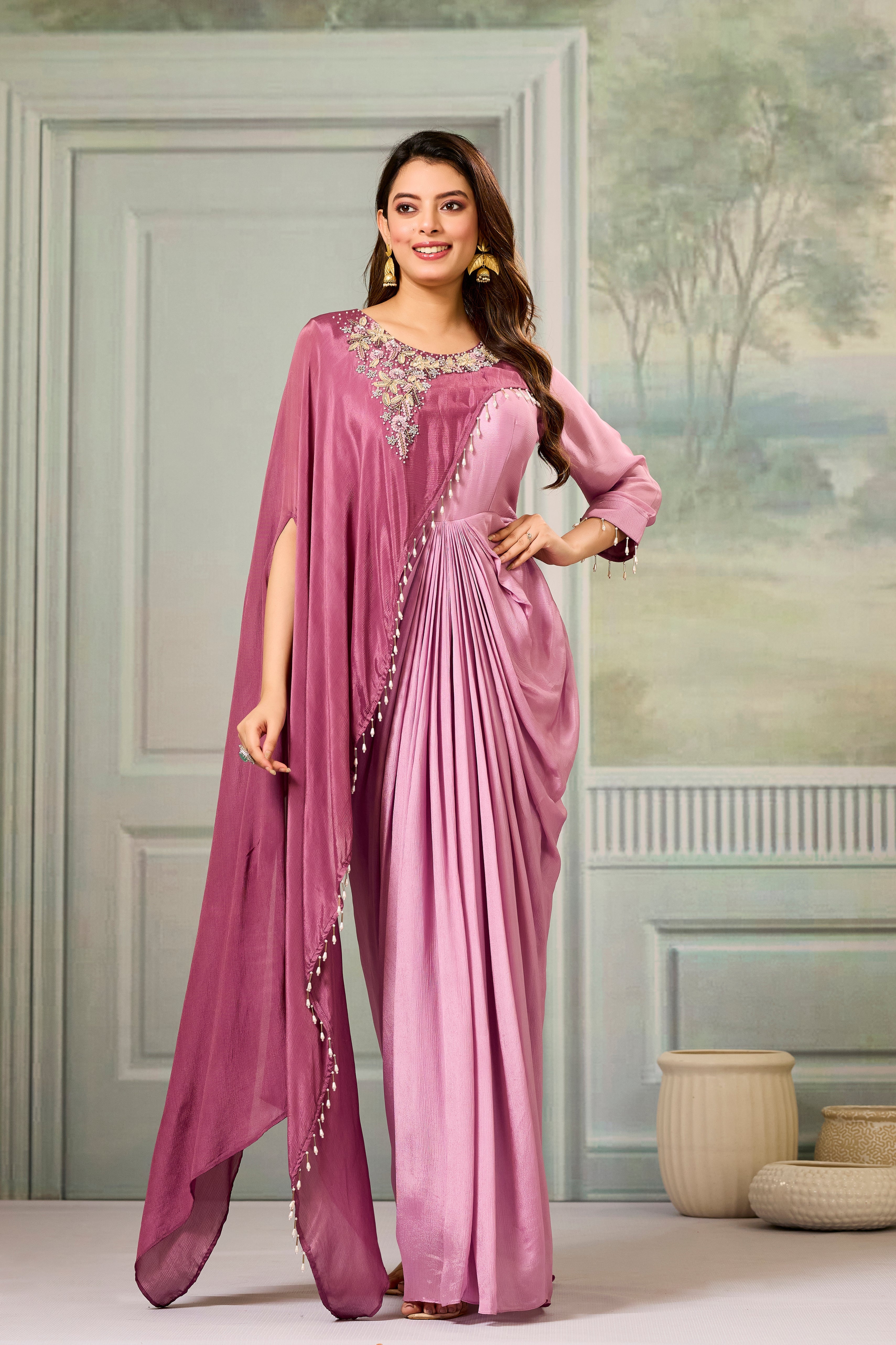Dark-Light Mauve Embellished Chinon Silk Gown
