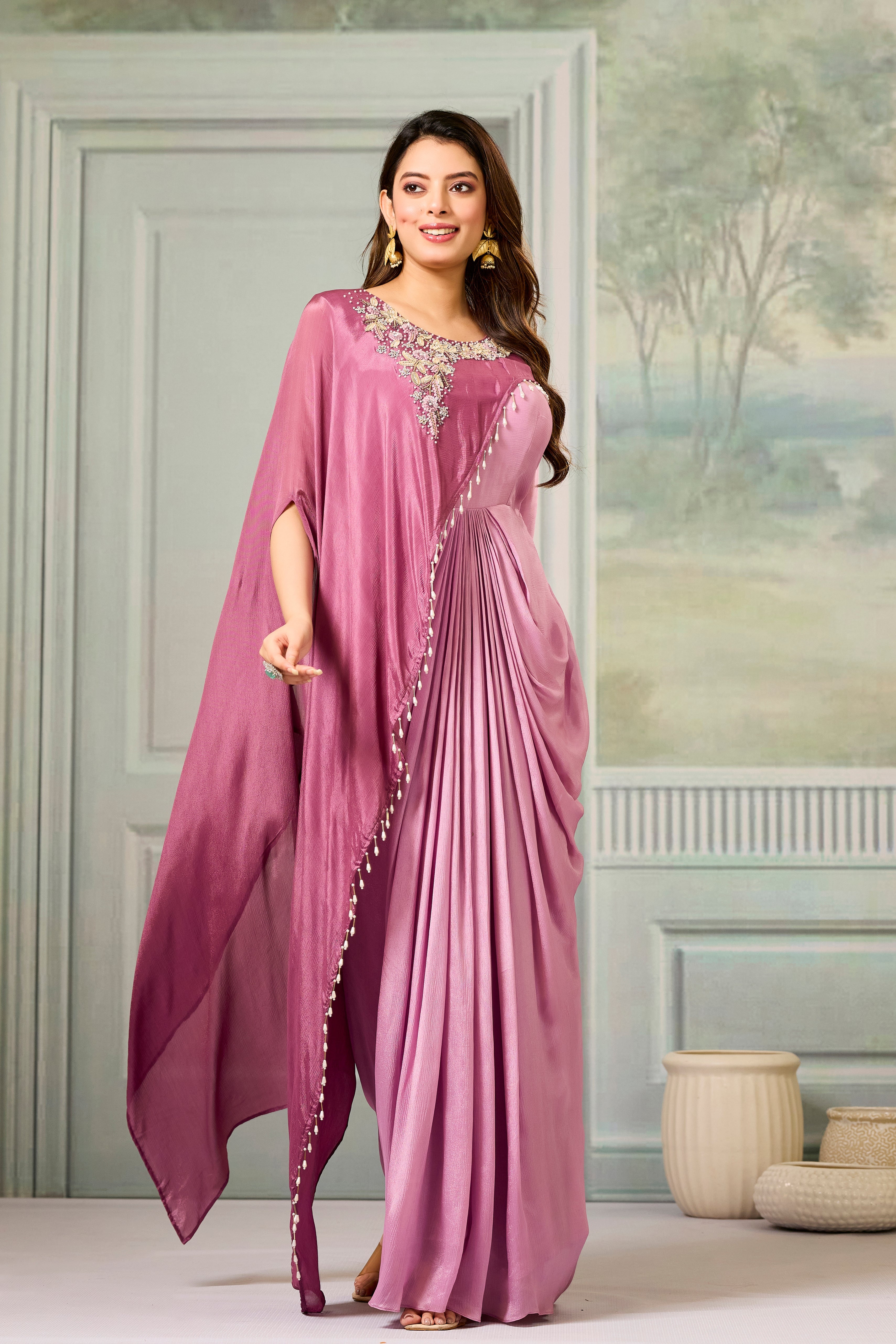 Dark-Light Mauve Embellished Chinon Silk Gown