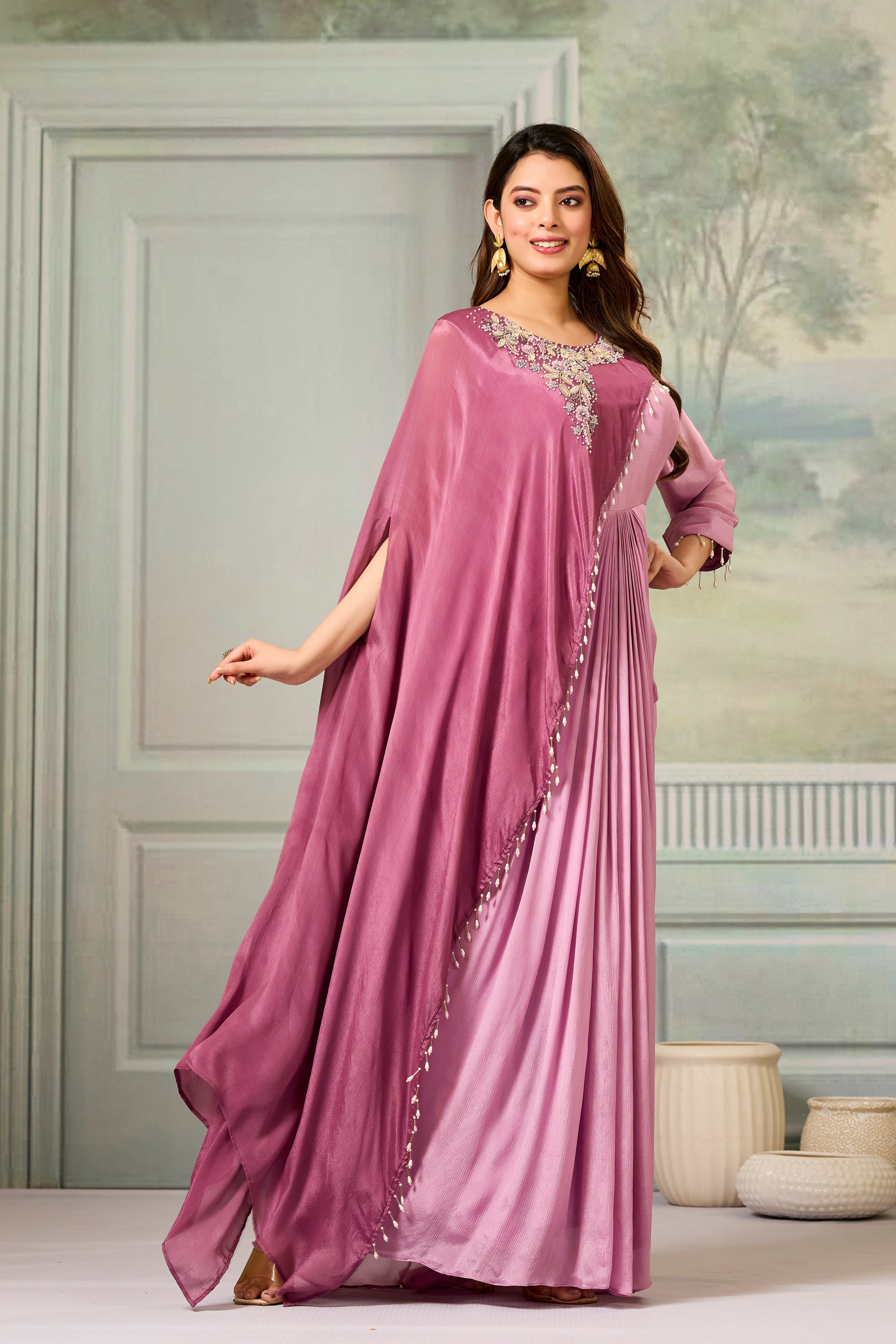 Dark-Light Mauve Embellished Chinon Silk Gown