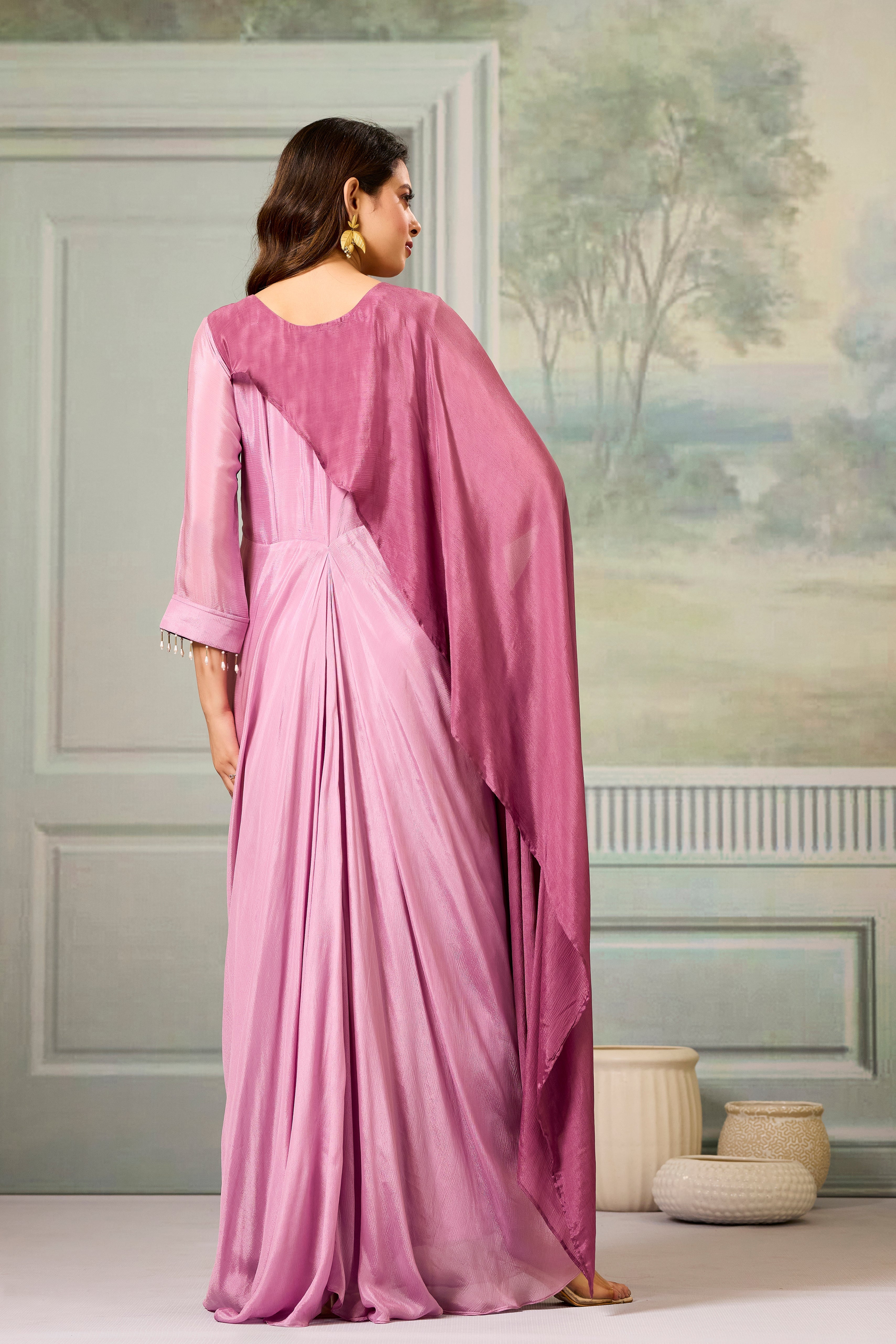 Dark-Light Mauve Embellished Chinon Silk Gown