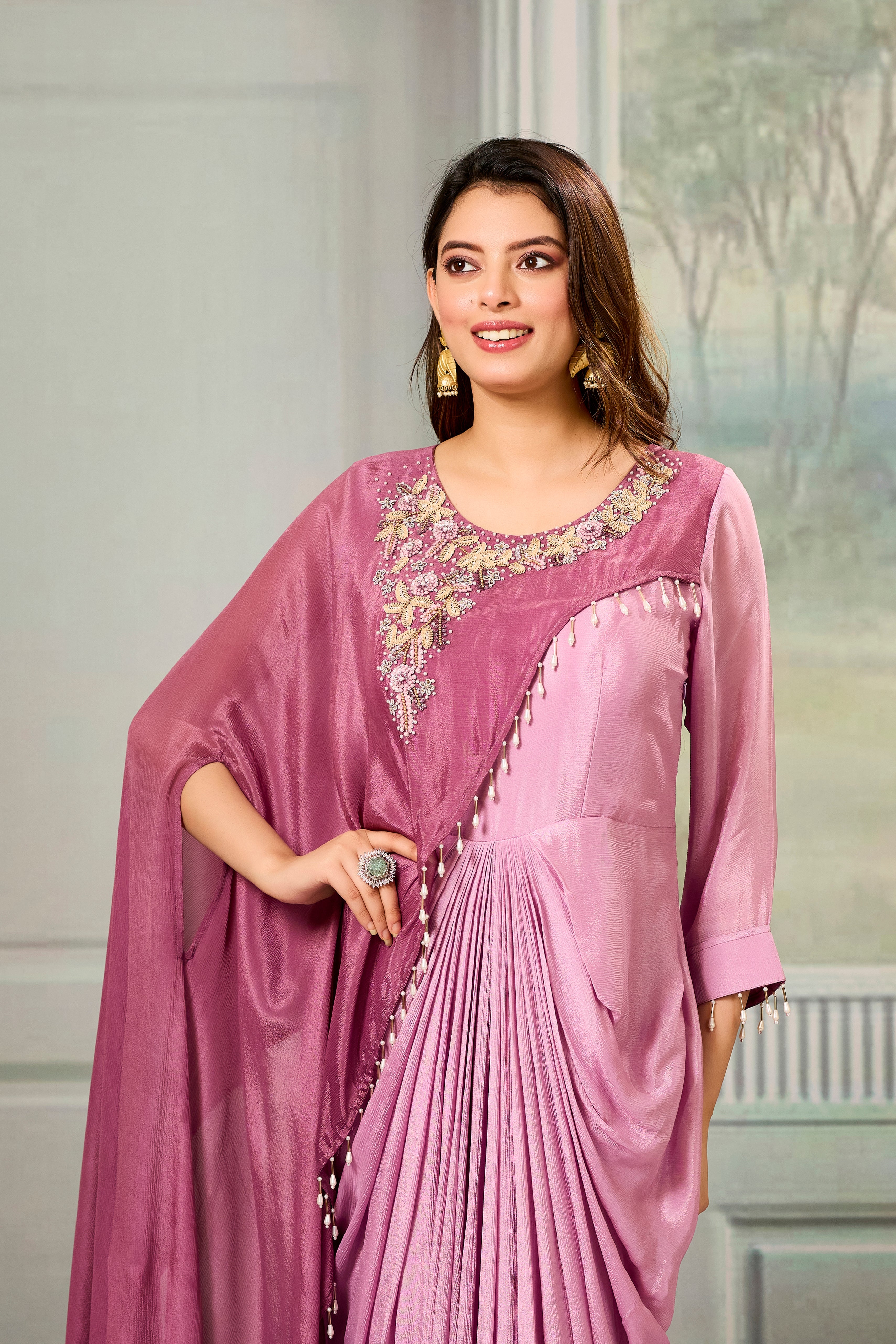 Dark-Light Mauve Embellished Chinon Silk Gown