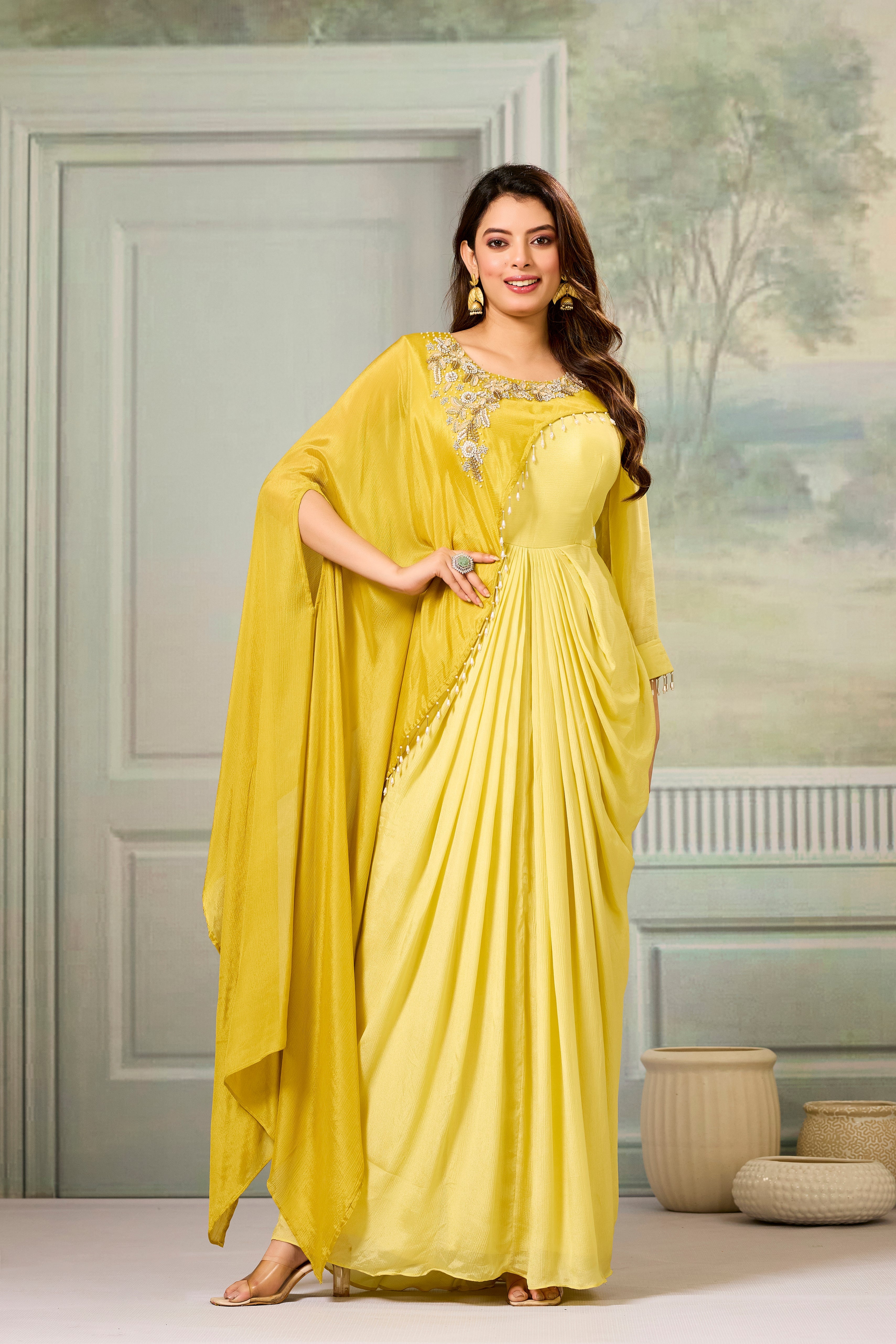 Dark-Light Yellow Embellished Chinon Silk Gown