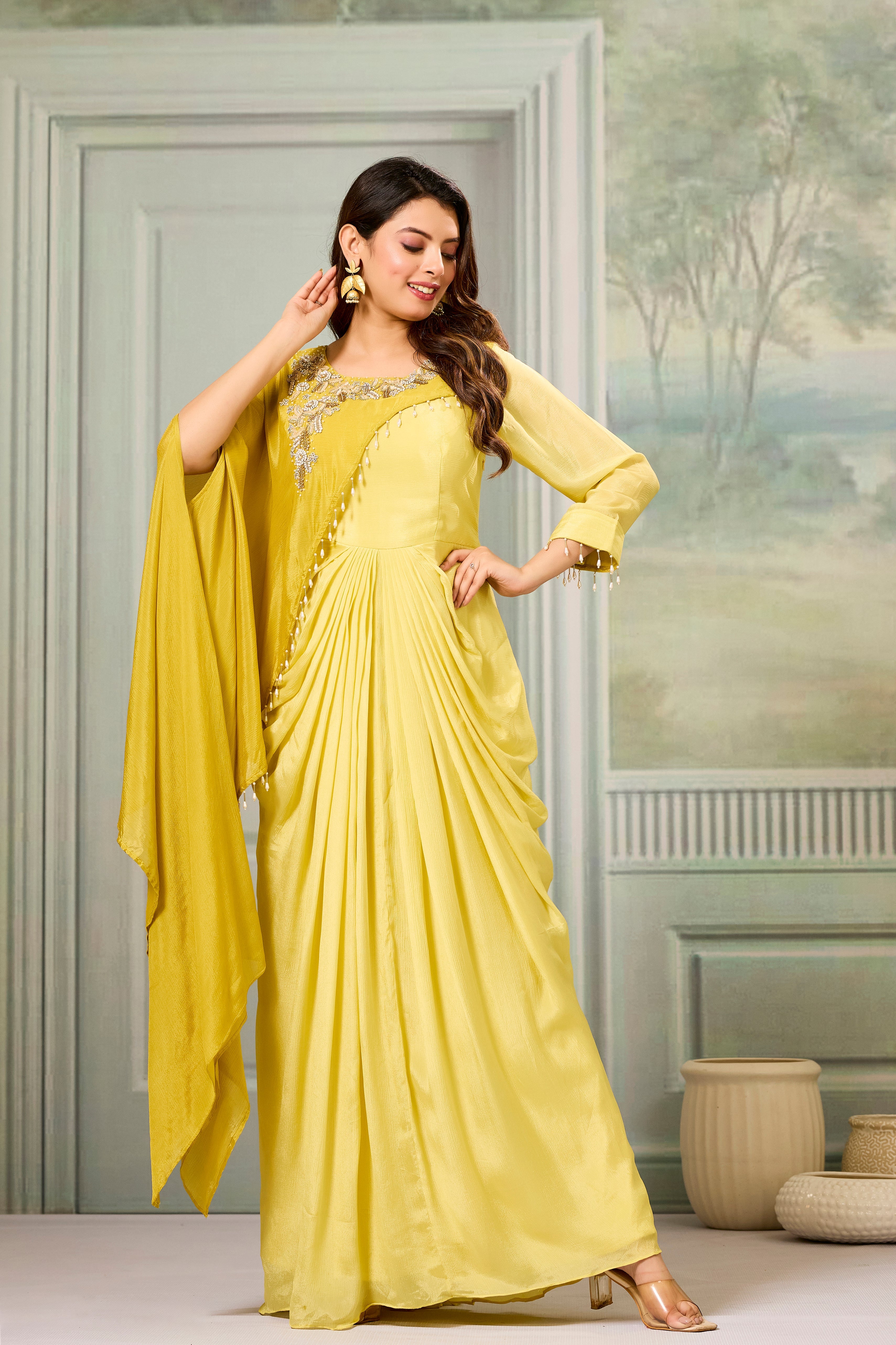Dark-Light Yellow Embellished Chinon Silk Gown