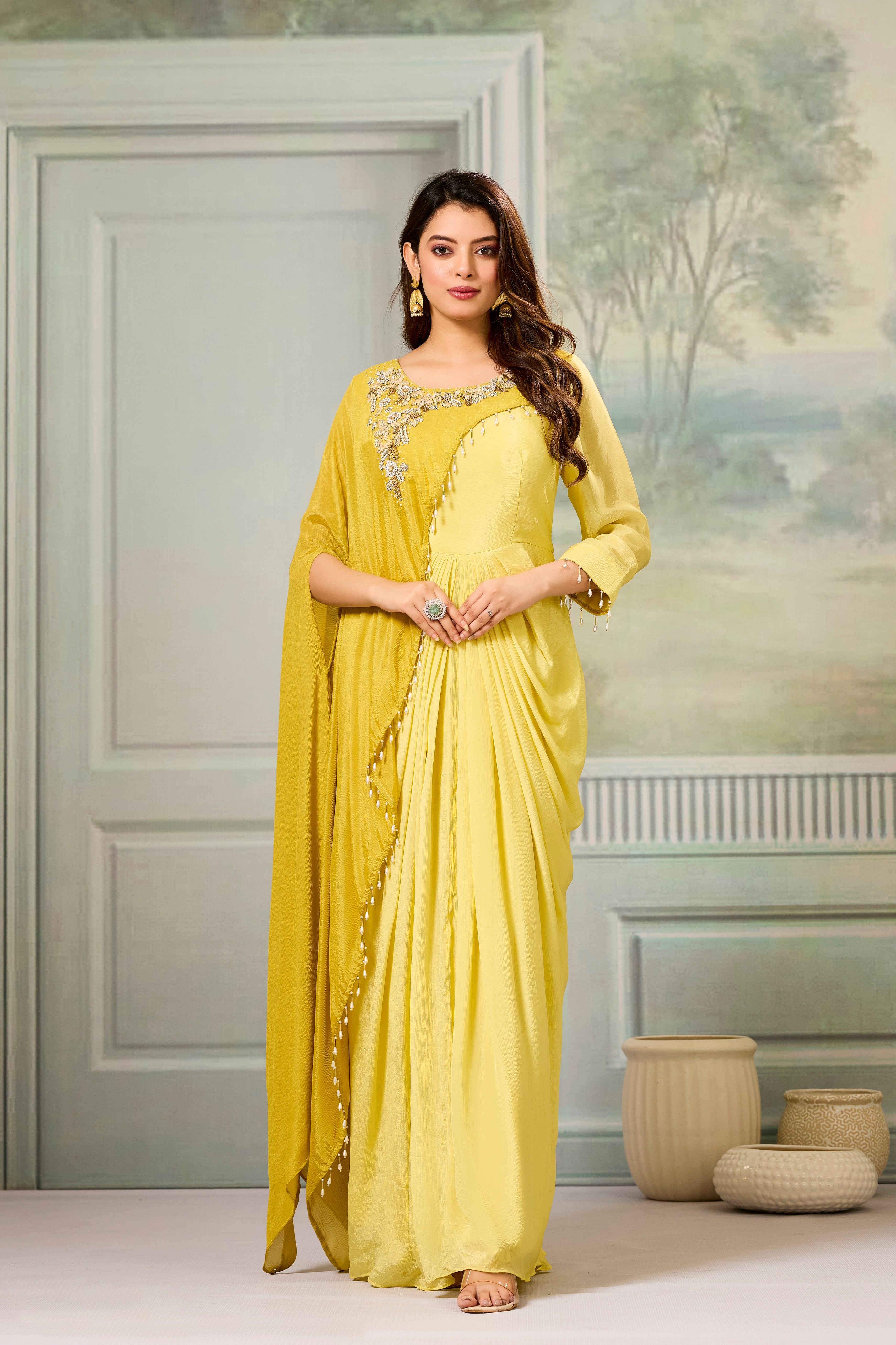 Dark-Light Yellow Embellished Chinon Silk Gown