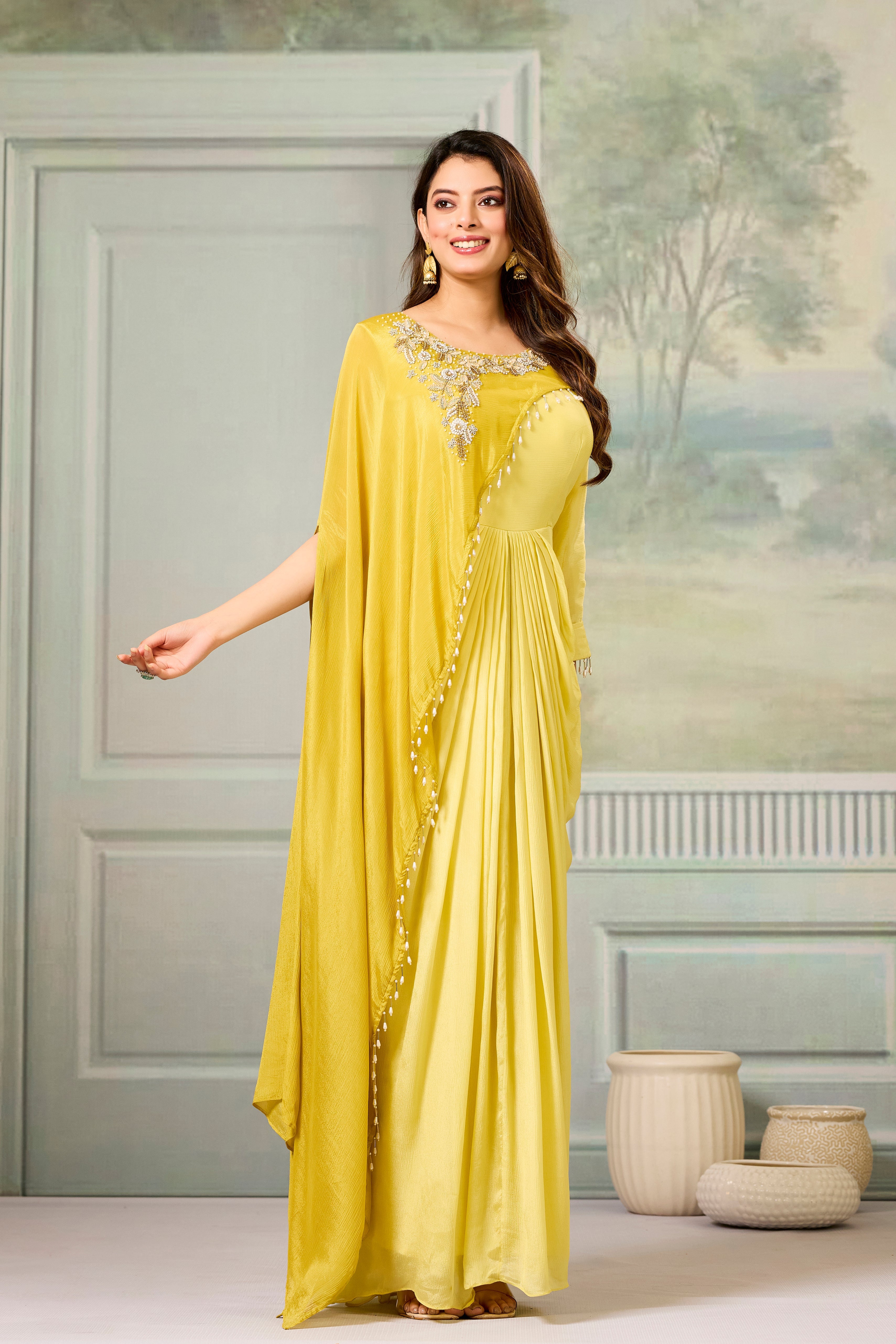 Dark-Light Yellow Embellished Chinon Silk Gown