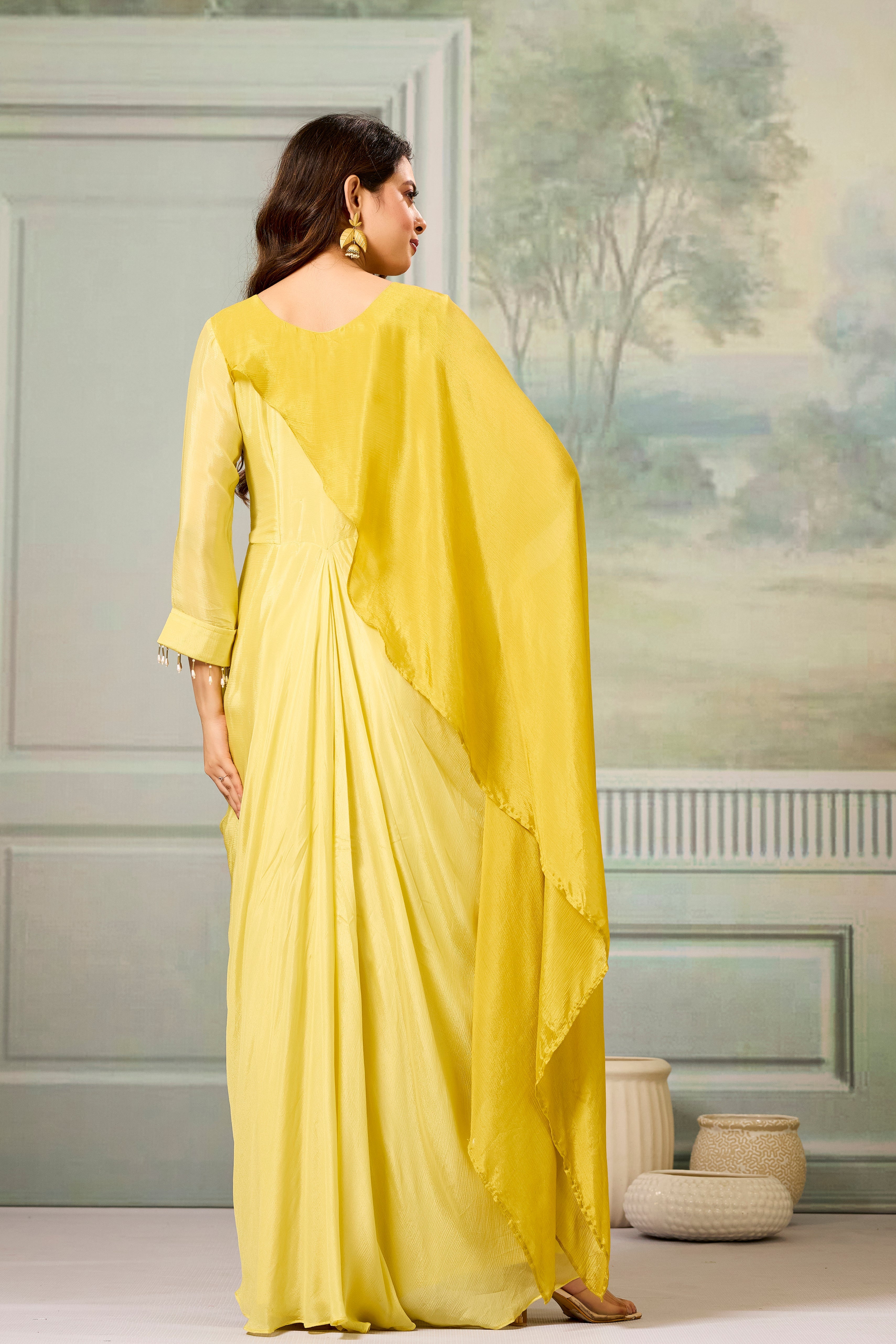 Dark-Light Yellow Embellished Chinon Silk Gown