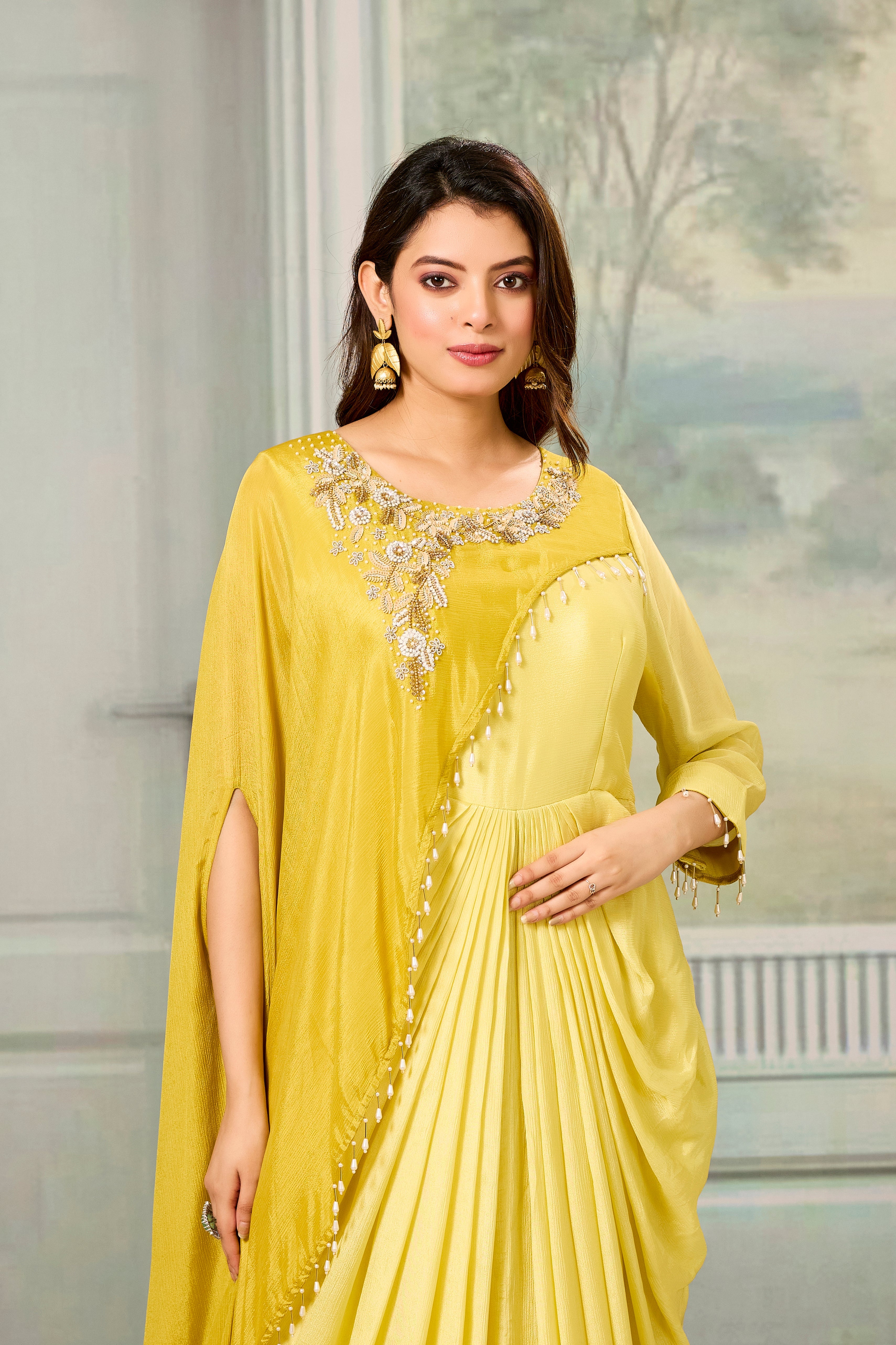 Dark-Light Yellow Embellished Chinon Silk Gown