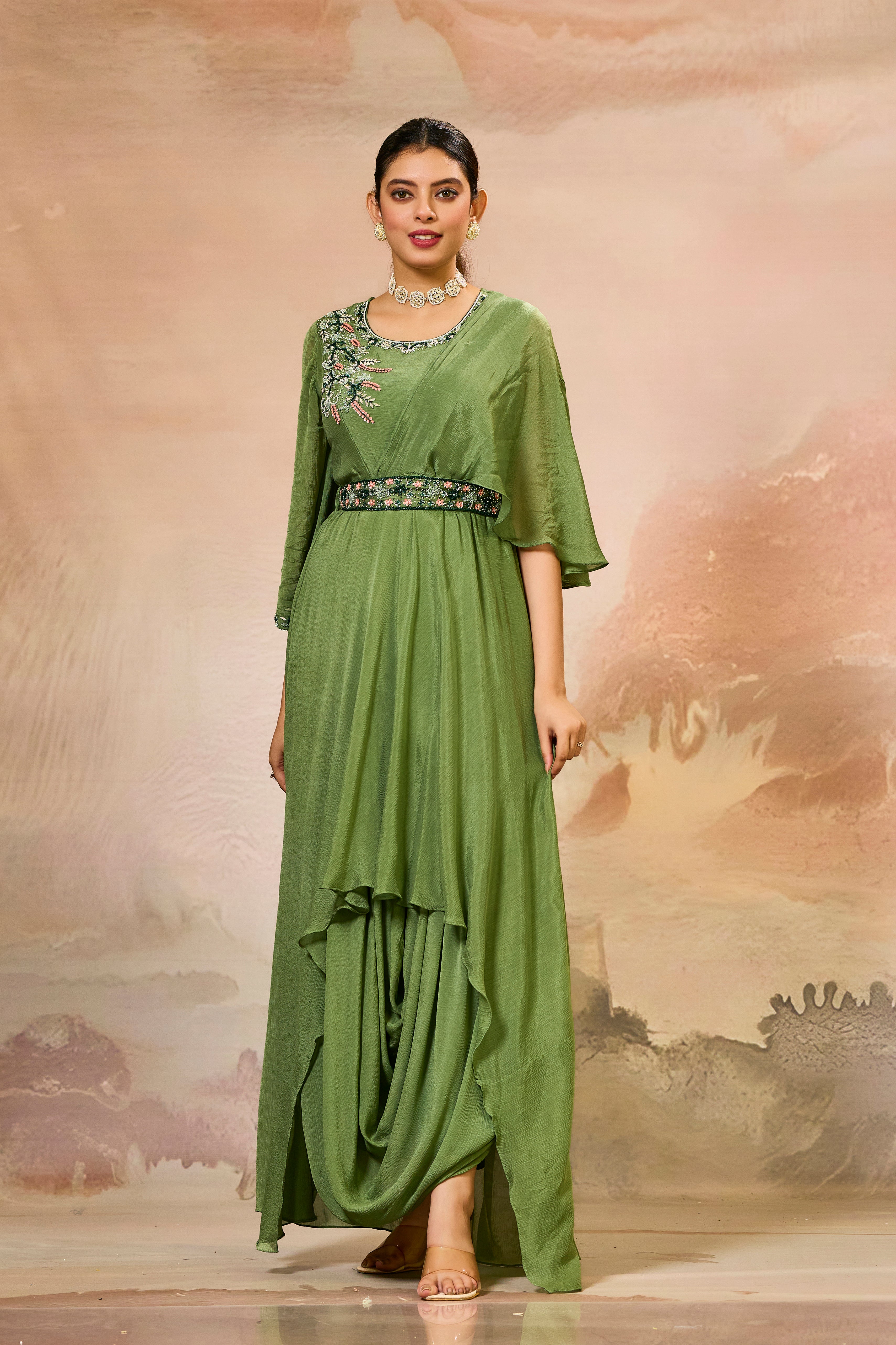 Green Embellished Chinon Silk Cowl Gown