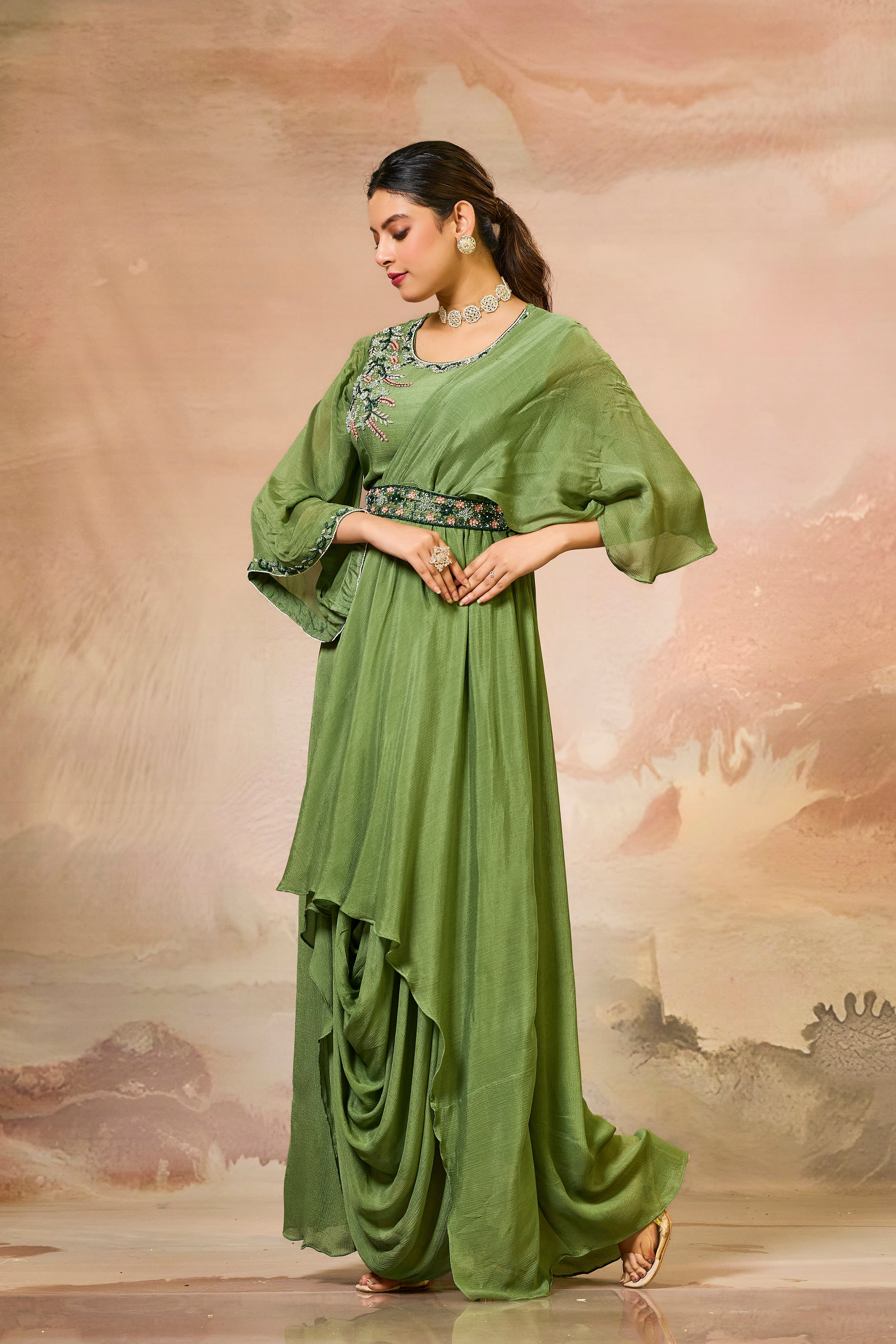 Green Embellished Chinon Silk Cowl Gown