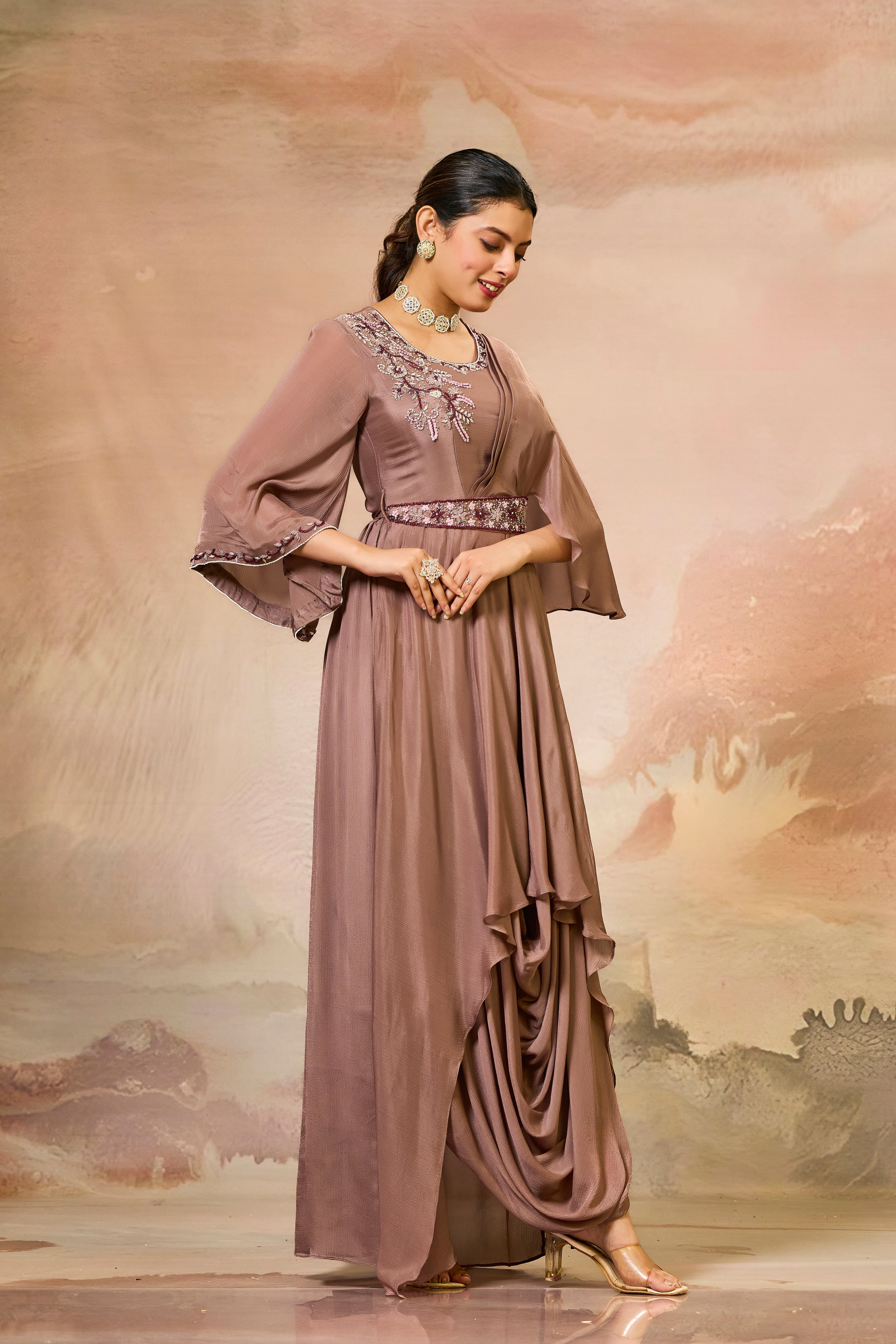 Brown Embellished Chinon Silk Cowl Gown