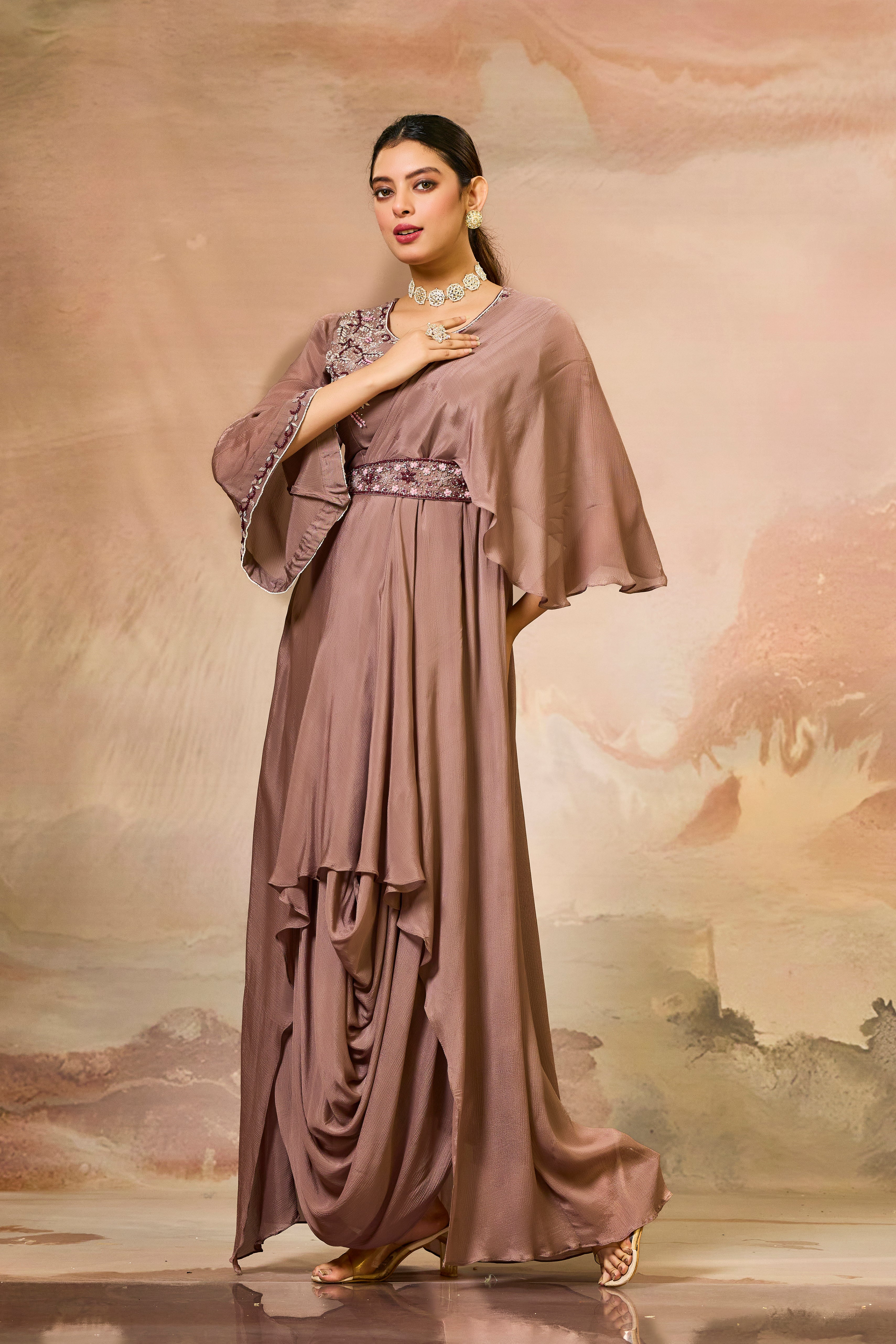Brown Embellished Chinon Silk Cowl Gown