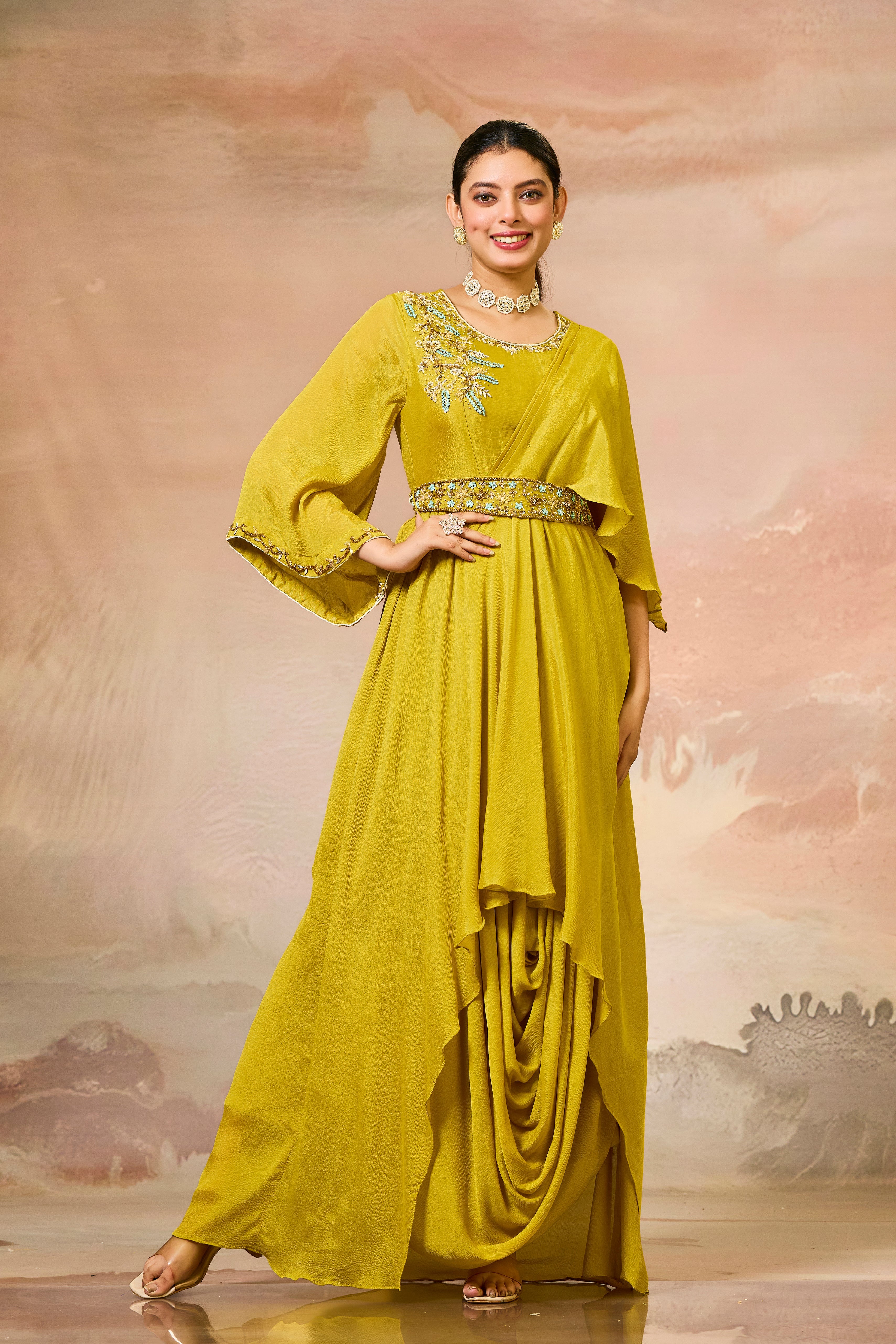 Mustard Embellished Chinon Silk Cowl Gown