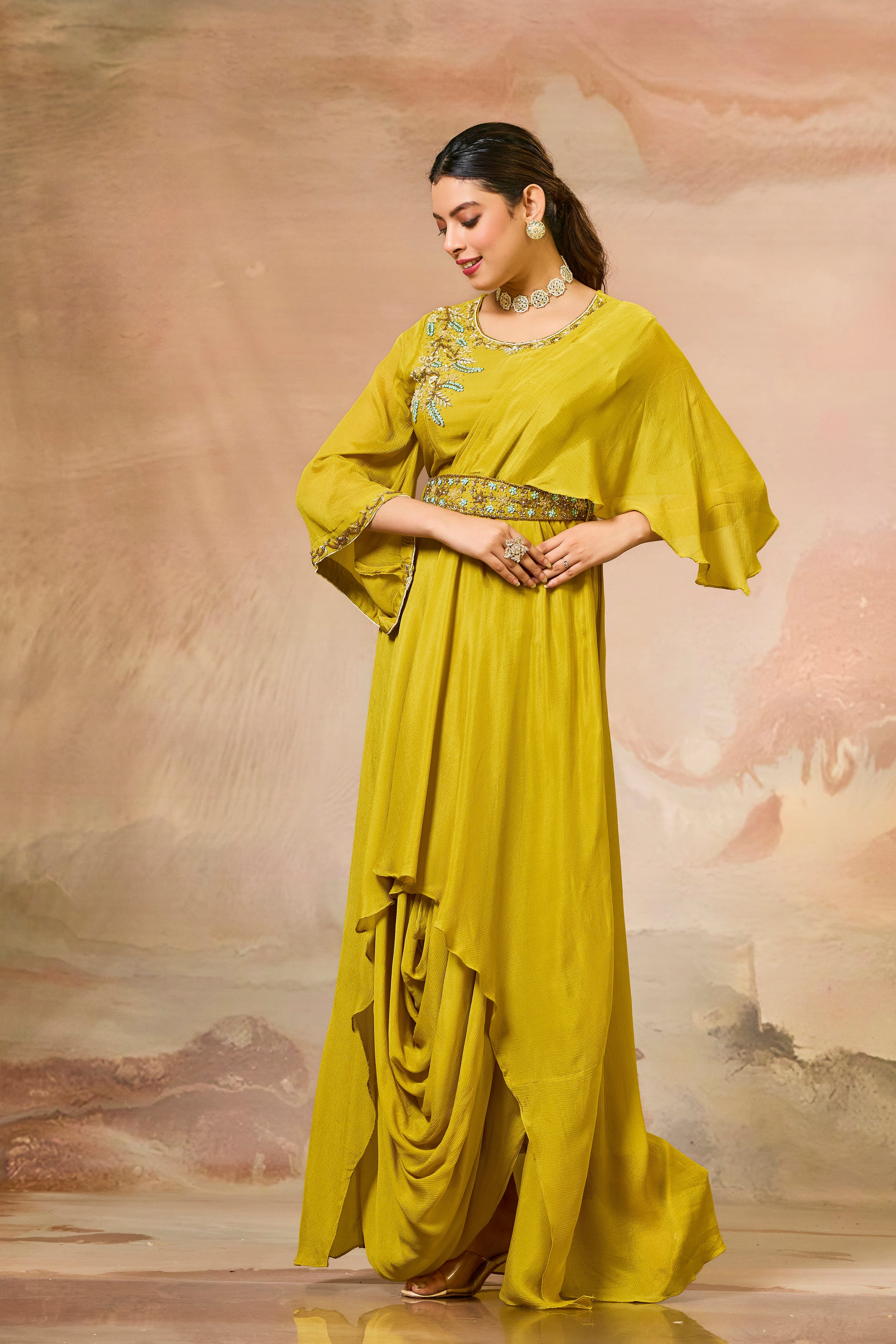 Mustard Embellished Chinon Silk Cowl Gown