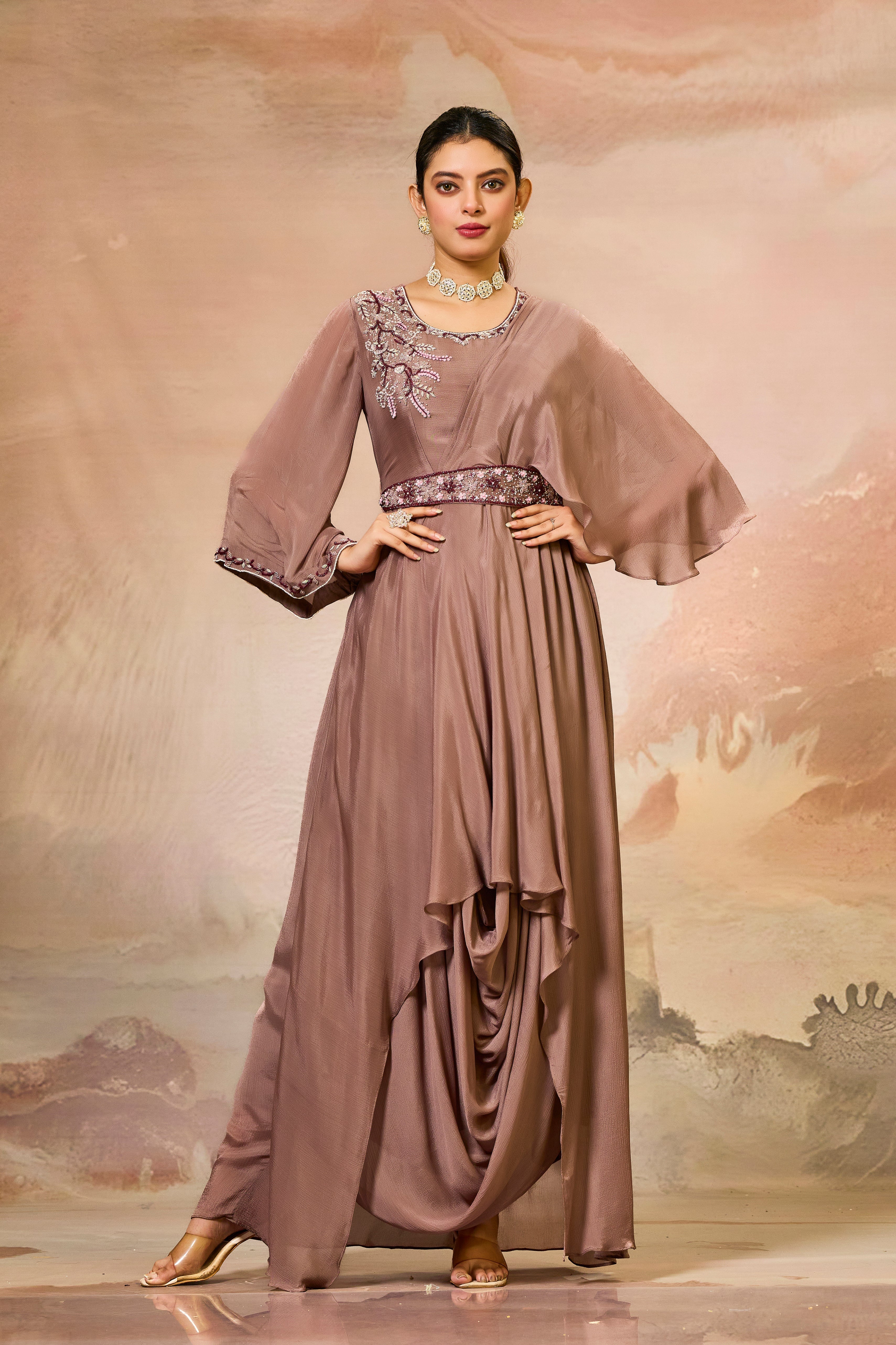 Brown Embellished Chinon Silk Cowl Gown