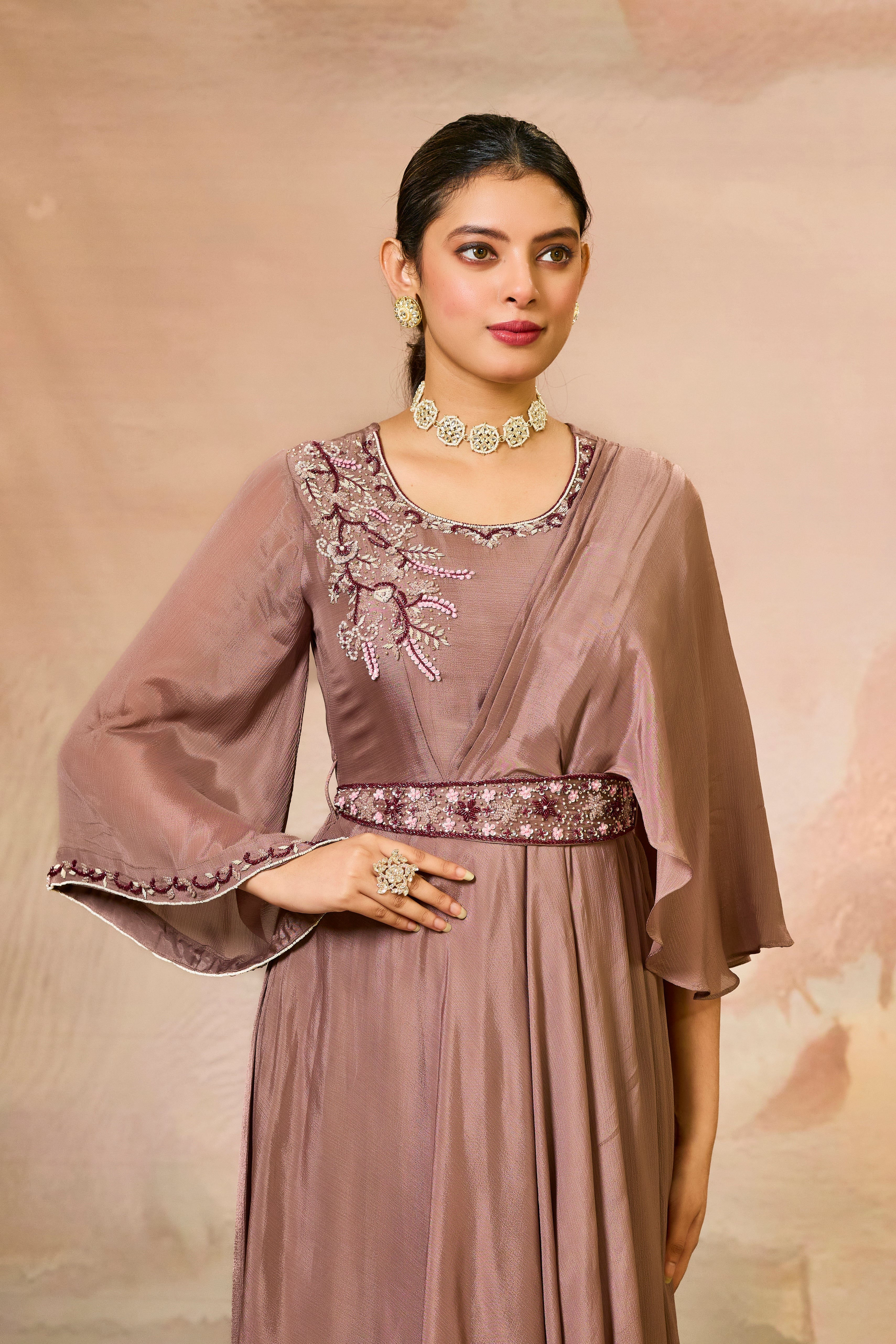Brown Embellished Chinon Silk Cowl Gown