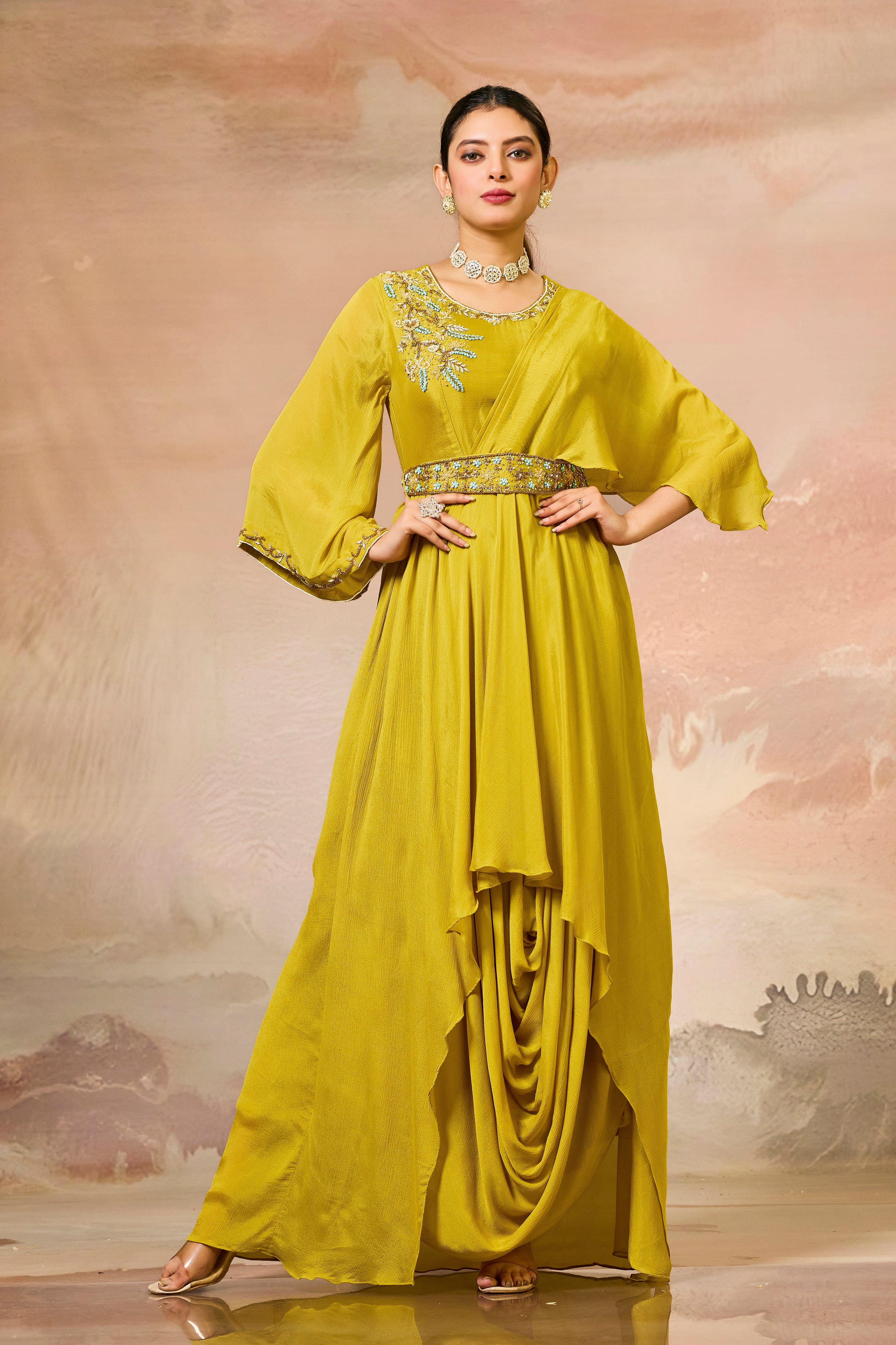 Mustard Embellished Chinon Silk Cowl Gown