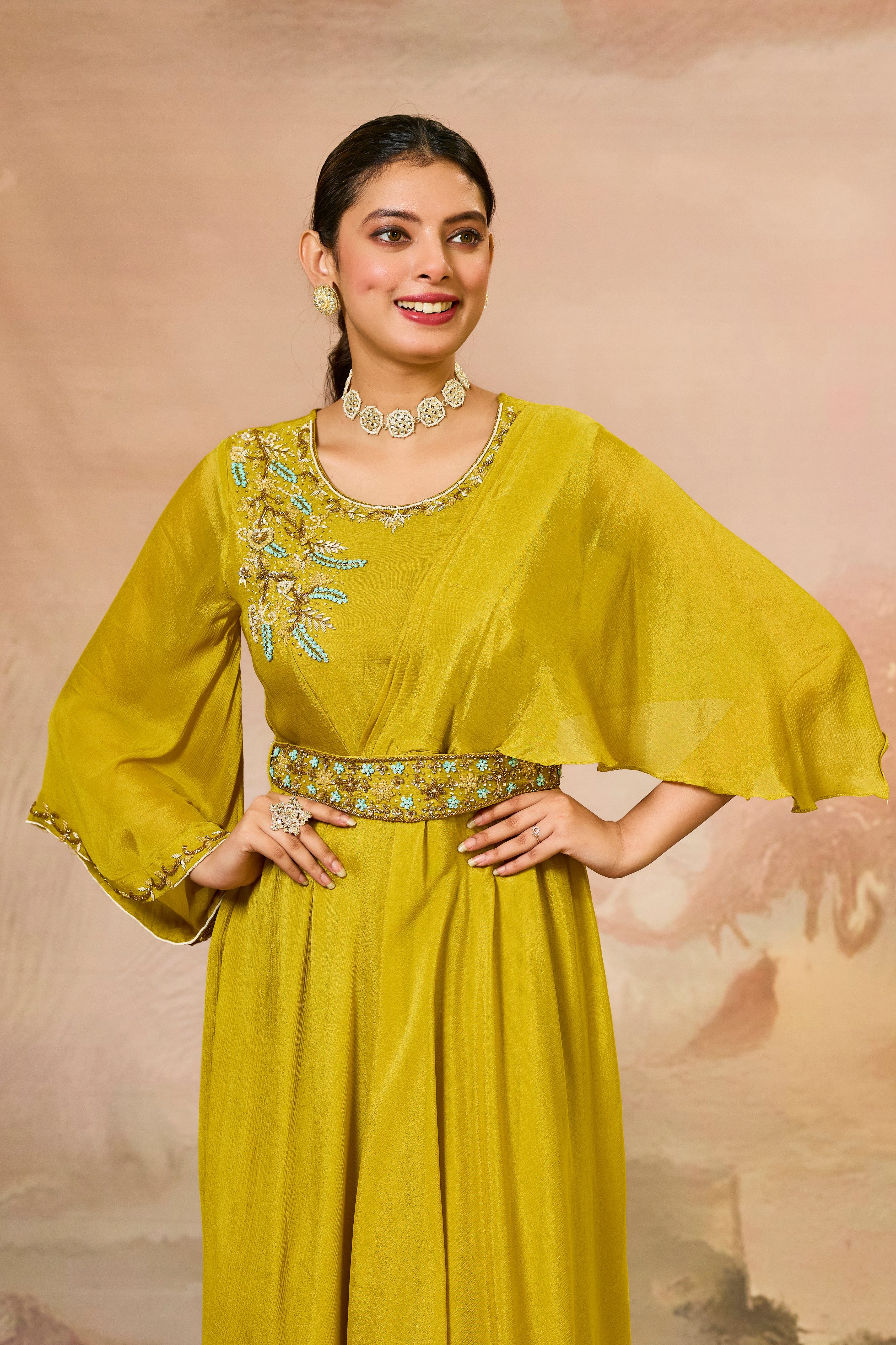 Mustard Embellished Chinon Silk Cowl Gown