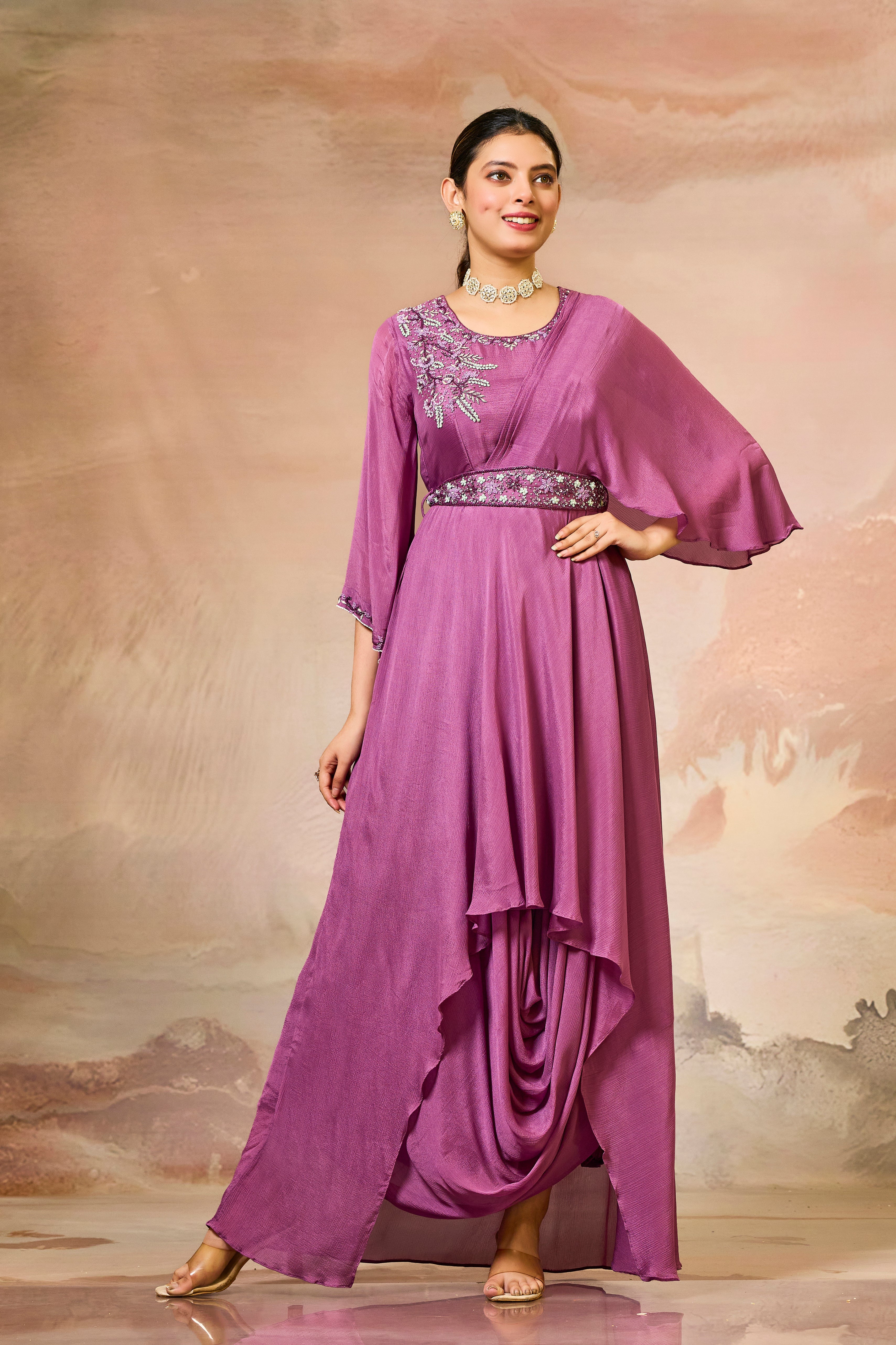 Magenta Embellished Chinon Silk Cowl Gown