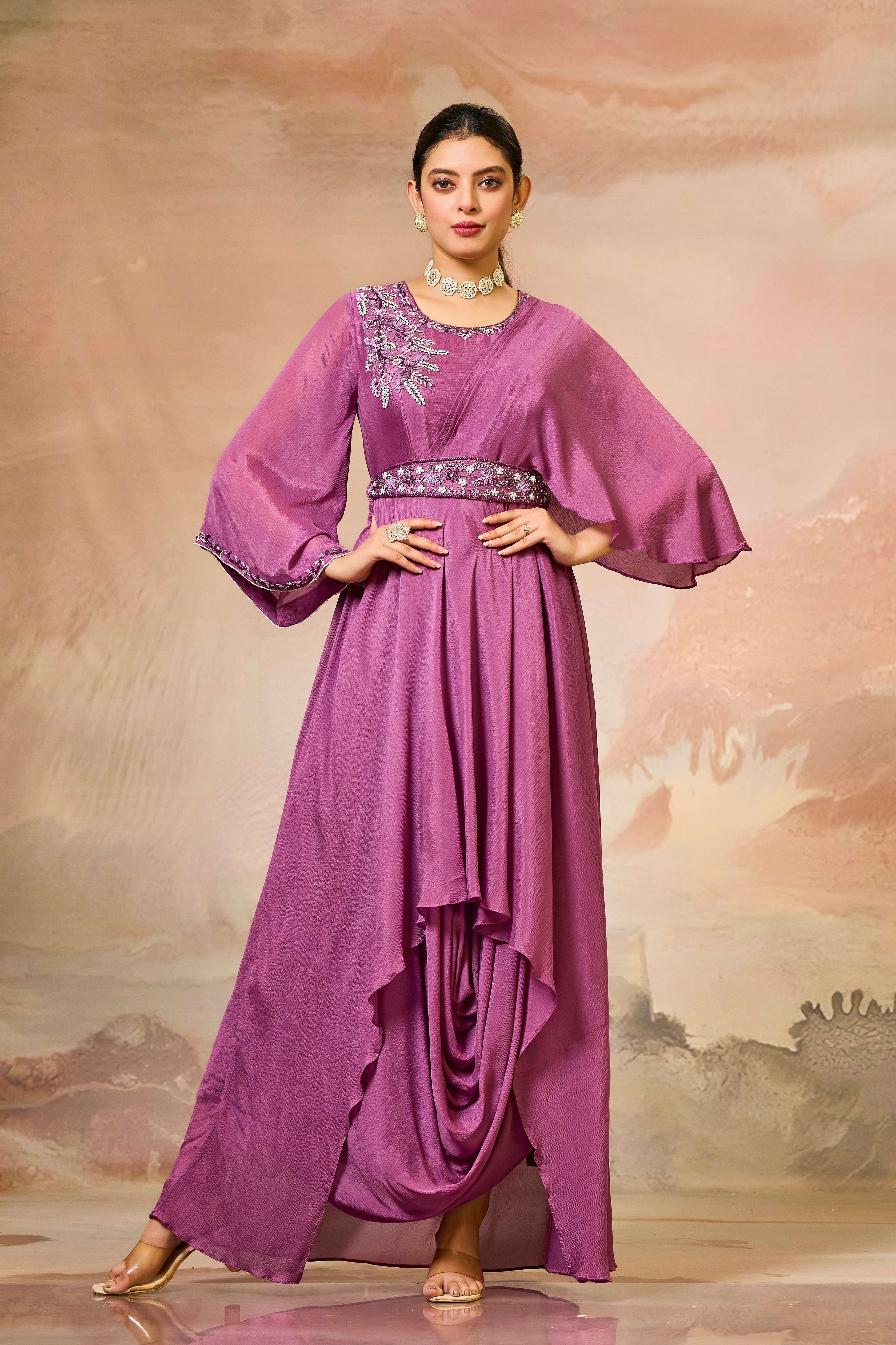 Magenta Embellished Chinon Silk Cowl Gown