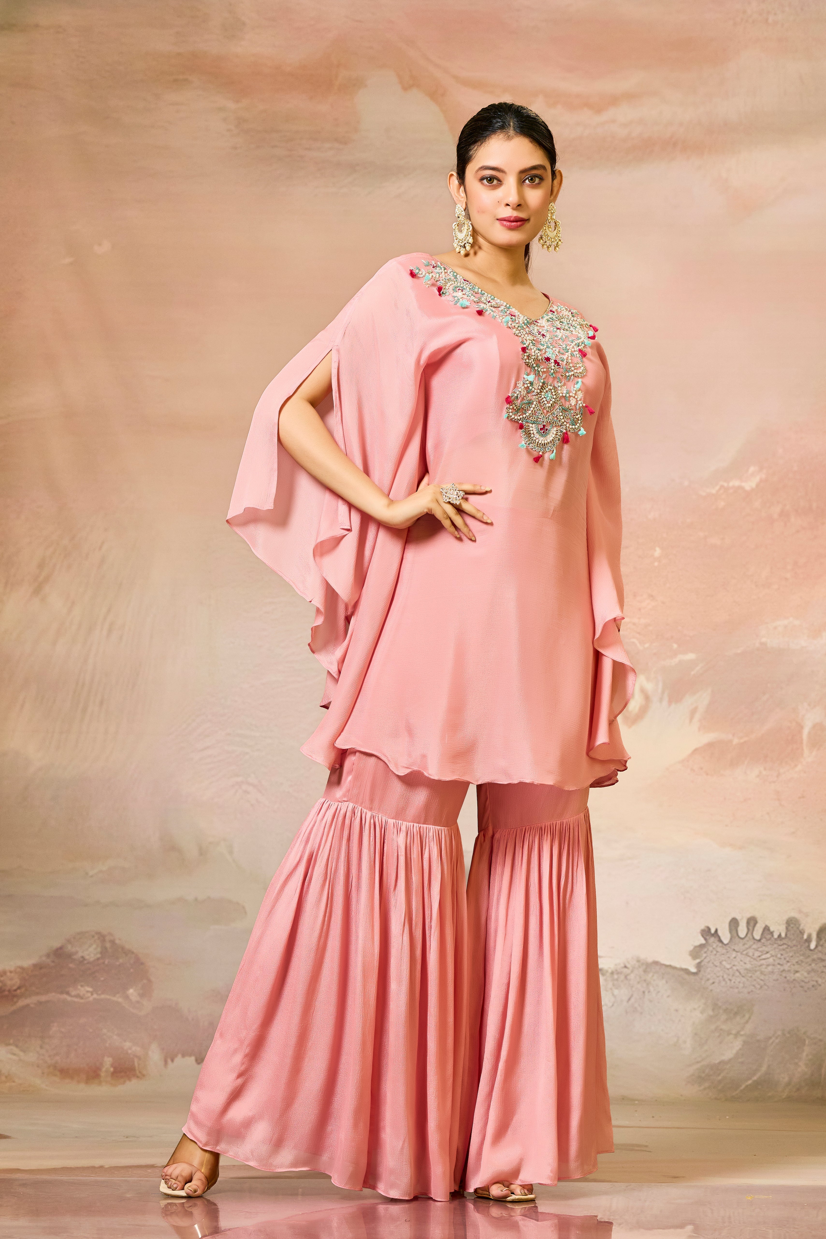 Peach Handwork Chinon Silk Sharara Set