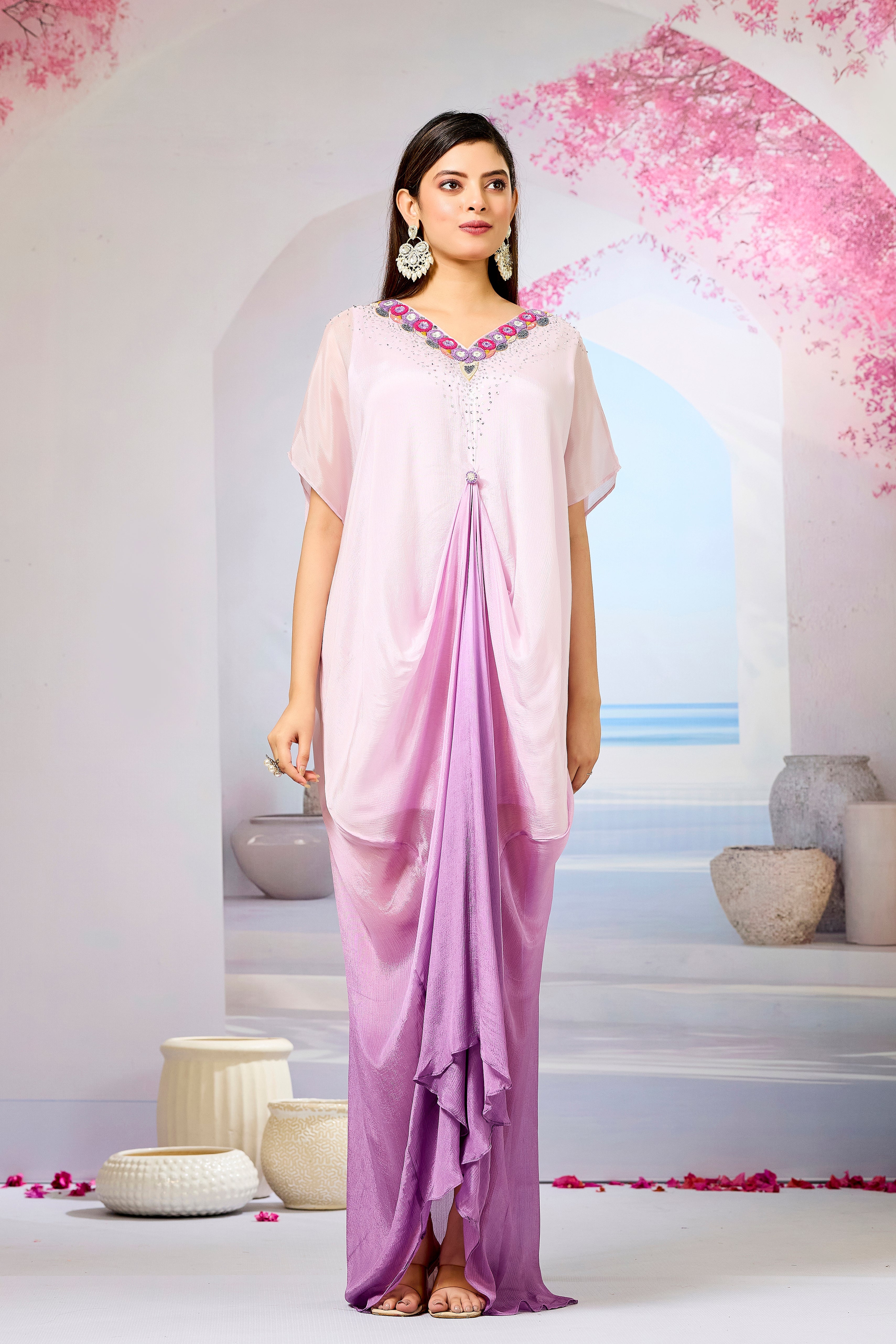 Lavender Ombre-Dyed Chinon Silk Kaftan Gown